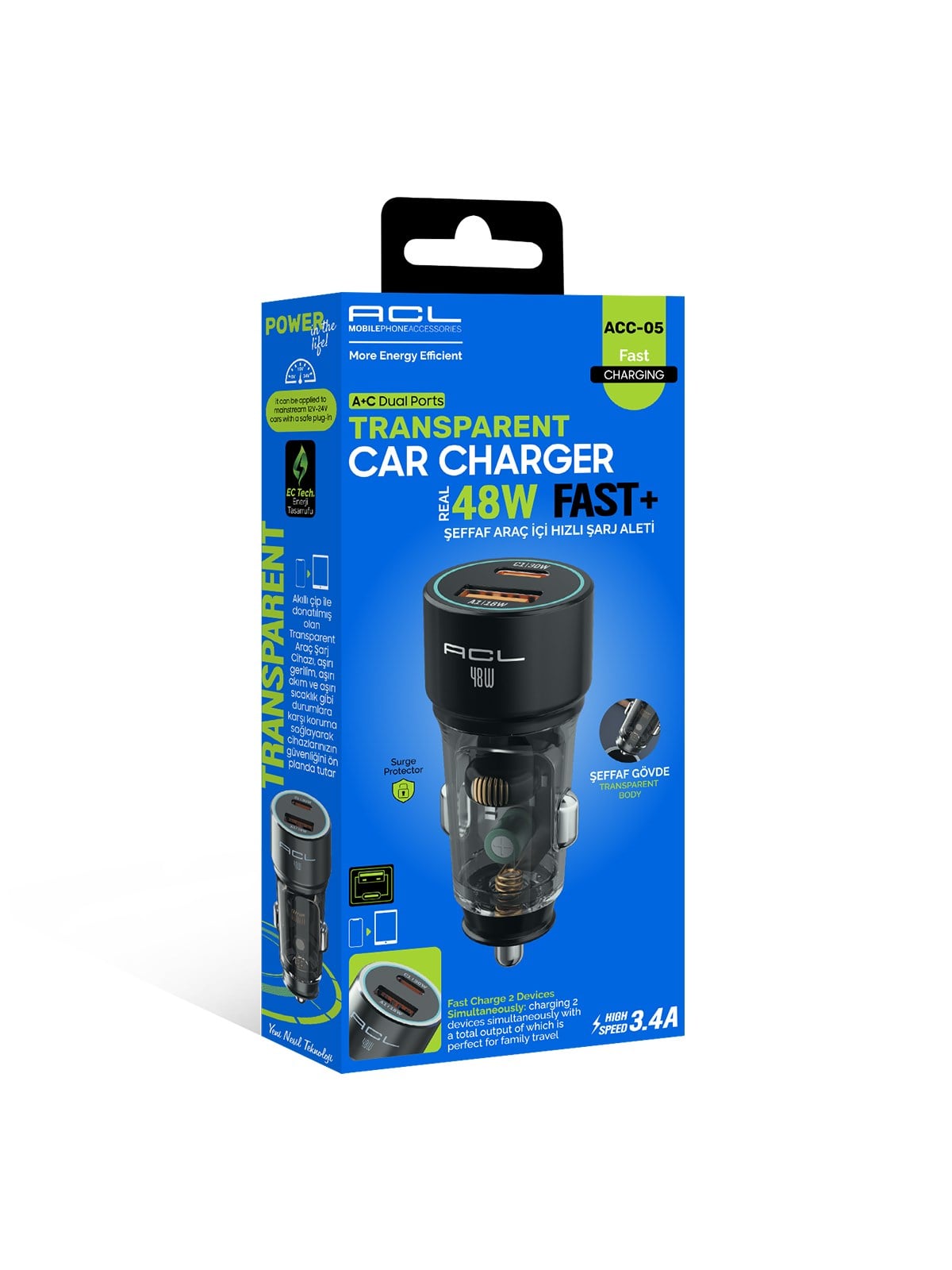 ACC-05 48W Şeffaf Gövdeli Hızlı Araç Şarj Cihazı – PD 30W + QC 3.0 18W Çift Portlu Akıllı Şarj Başlığı