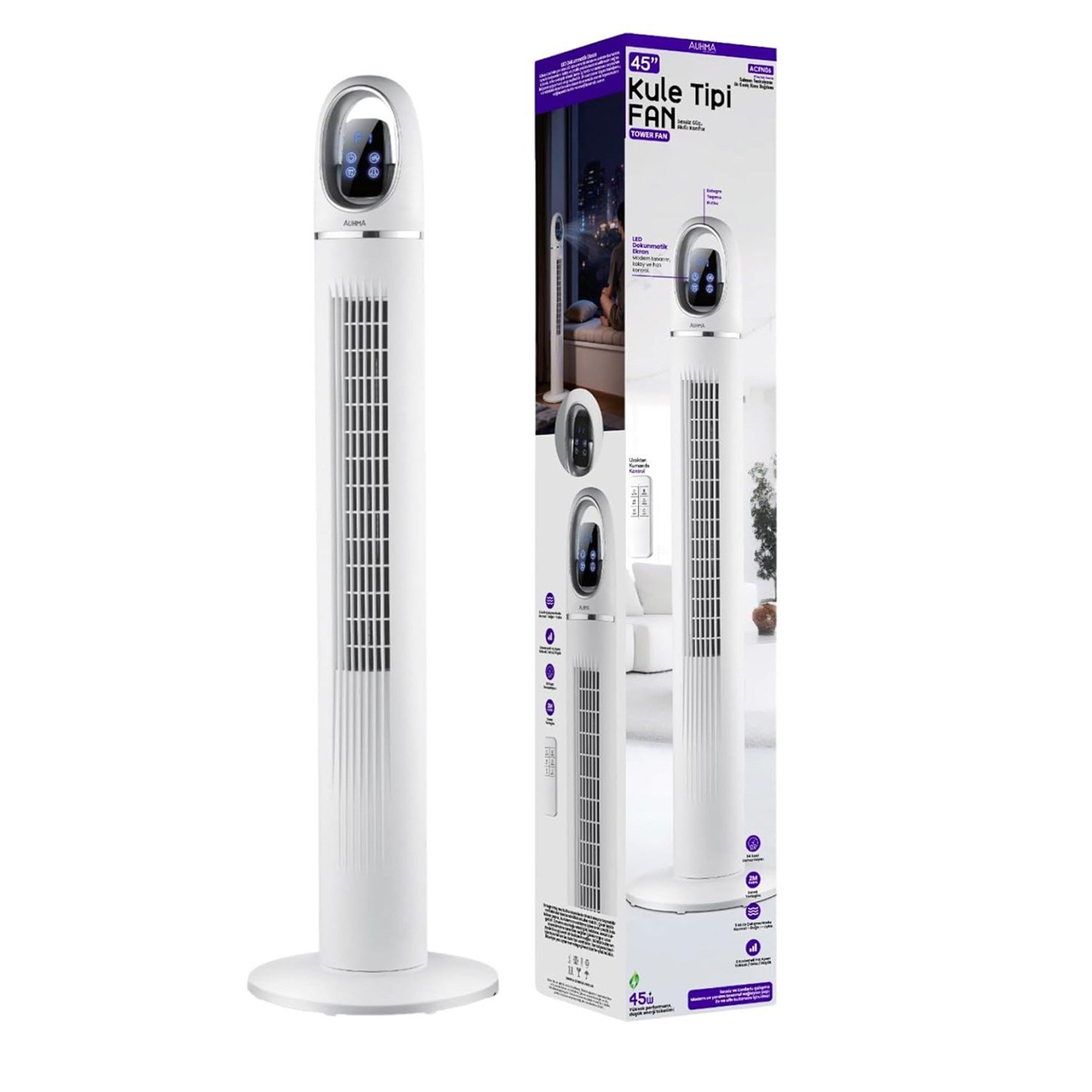 ACFN 45İnç Kule Tipi Vantilatör | 45W Güçlü Motor, 3 Kademeli Hız, Salınımlı, Zamanlayıcılı Tower Fan