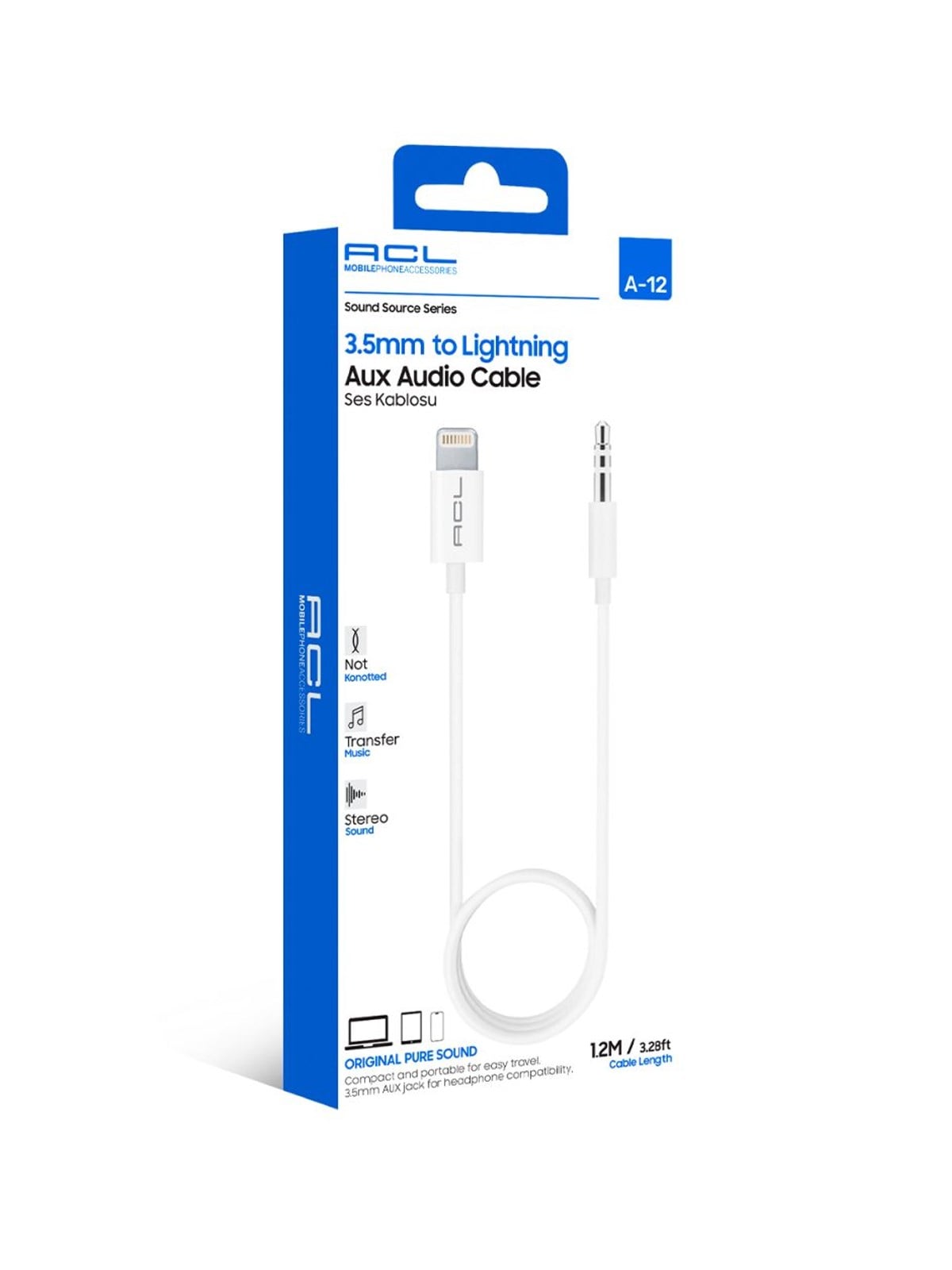 ACL A-12 1.2 Metre 3.5mm to Lightning Düğümlenmez Premium Aux Ses Kablosu (iPhone Uyumlu)