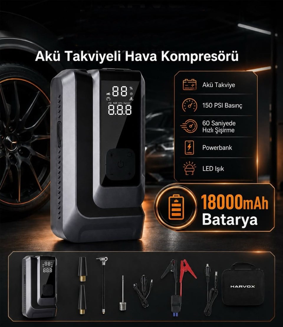 AT006 Akü Takviyeli Hava Kompresörü | 4'ü 1 Arada Powerbank, Hava Kompresörü, LCD Ekran, 18.000mAh 150PSI