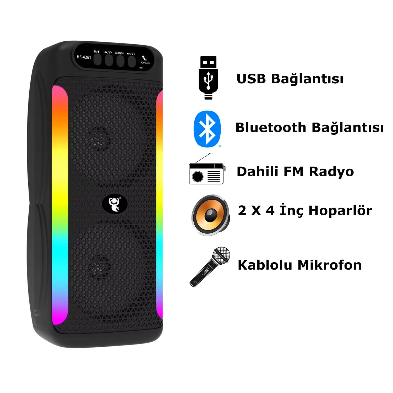Bluetooth Hoparlör RGB Led Işıklı Mikrofonlu TF Kart, Telefon, AUX, Radyo, Kareoke, USB Bağlantı 800mAh Bataryalı