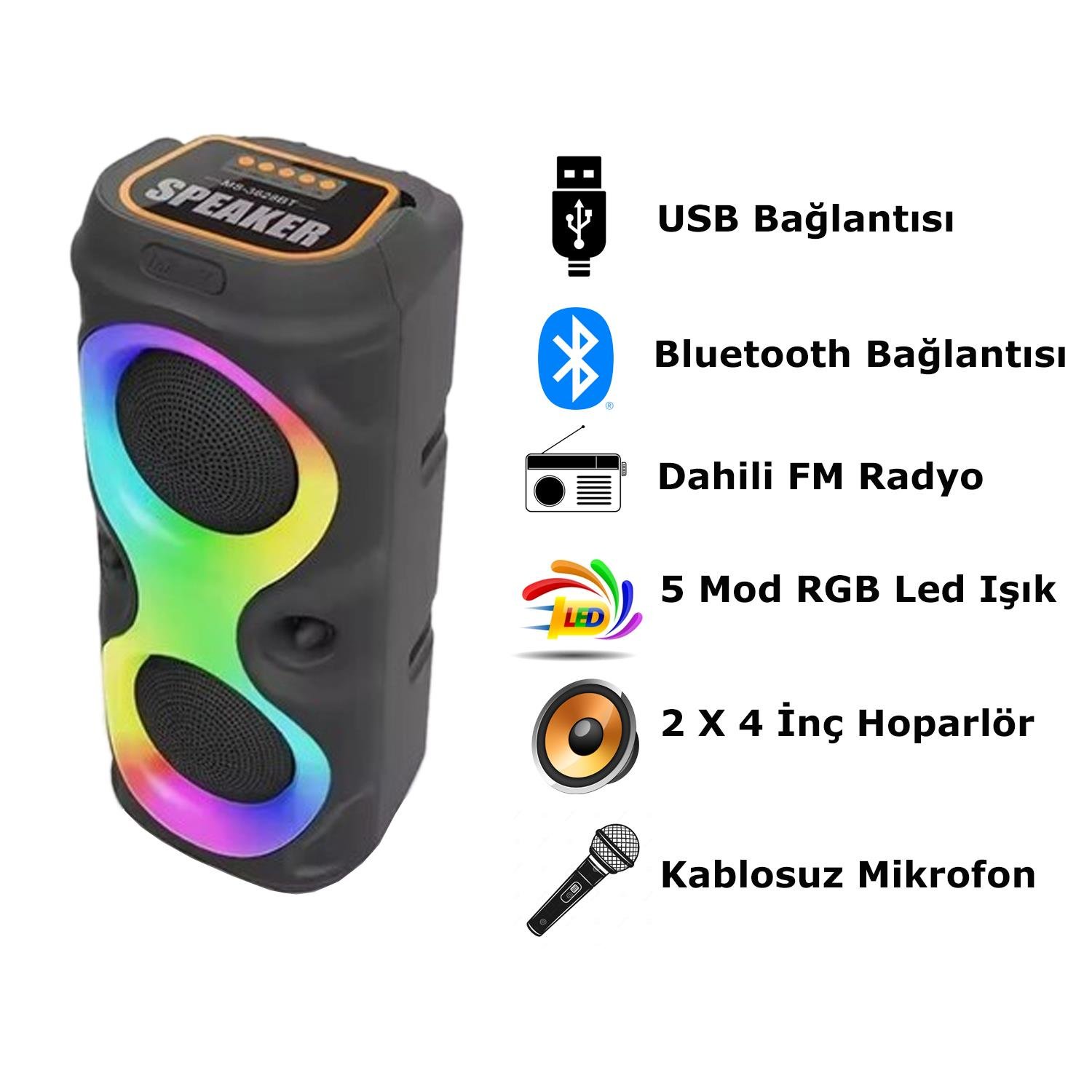 Bluetooth MS3628 TWS Hoparlör RGB Led Işıklı Mikrofonlu TF Kart, Telefon, AUX, Radyo, Kareoke, USB Bağlantı 800mAh Bataryalı