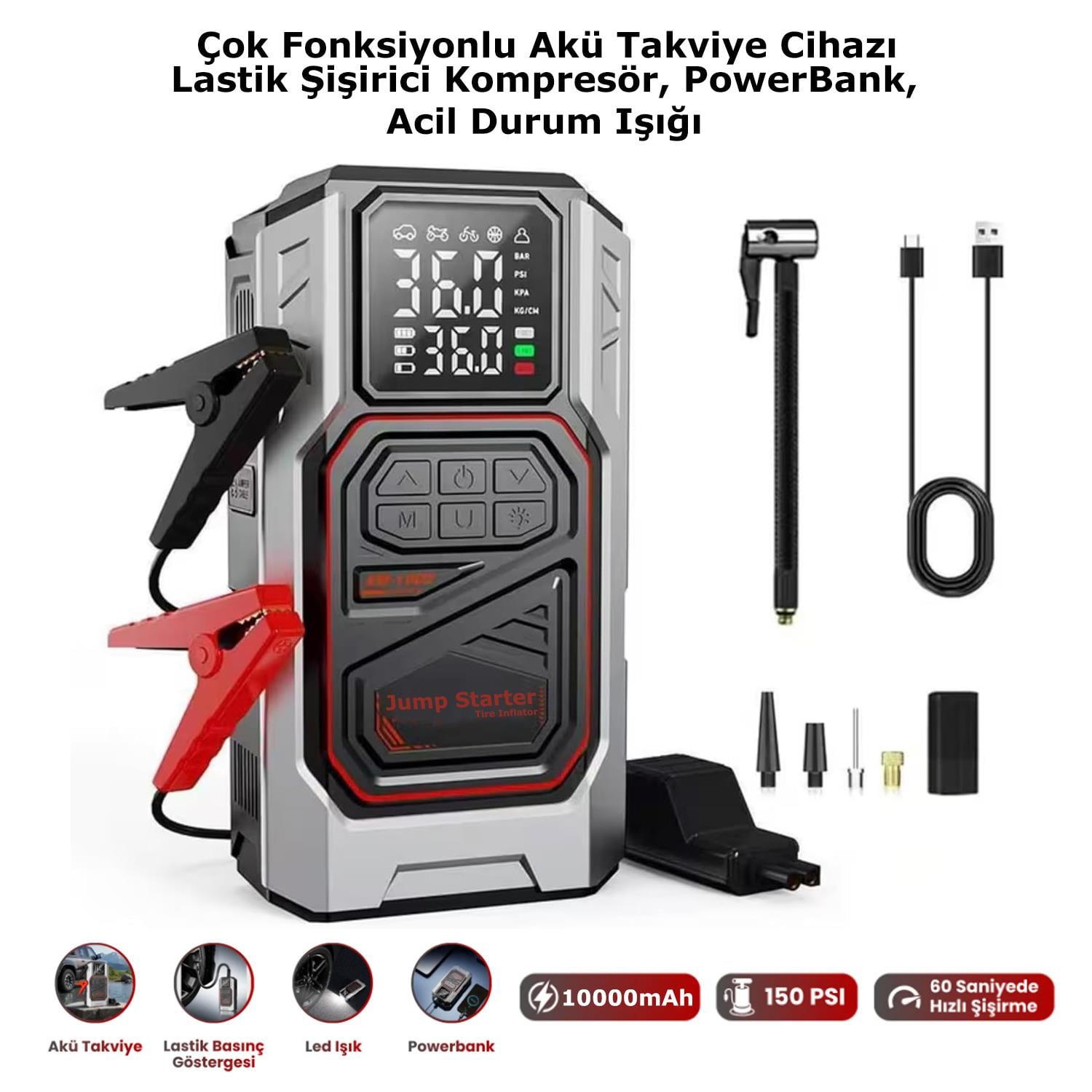 Harvox Akü Takviye Cihazı | 4'ü 1 Arada Powerbank, Hava Kompresörü, LCD Ekran, 10.000mAh 150PSI