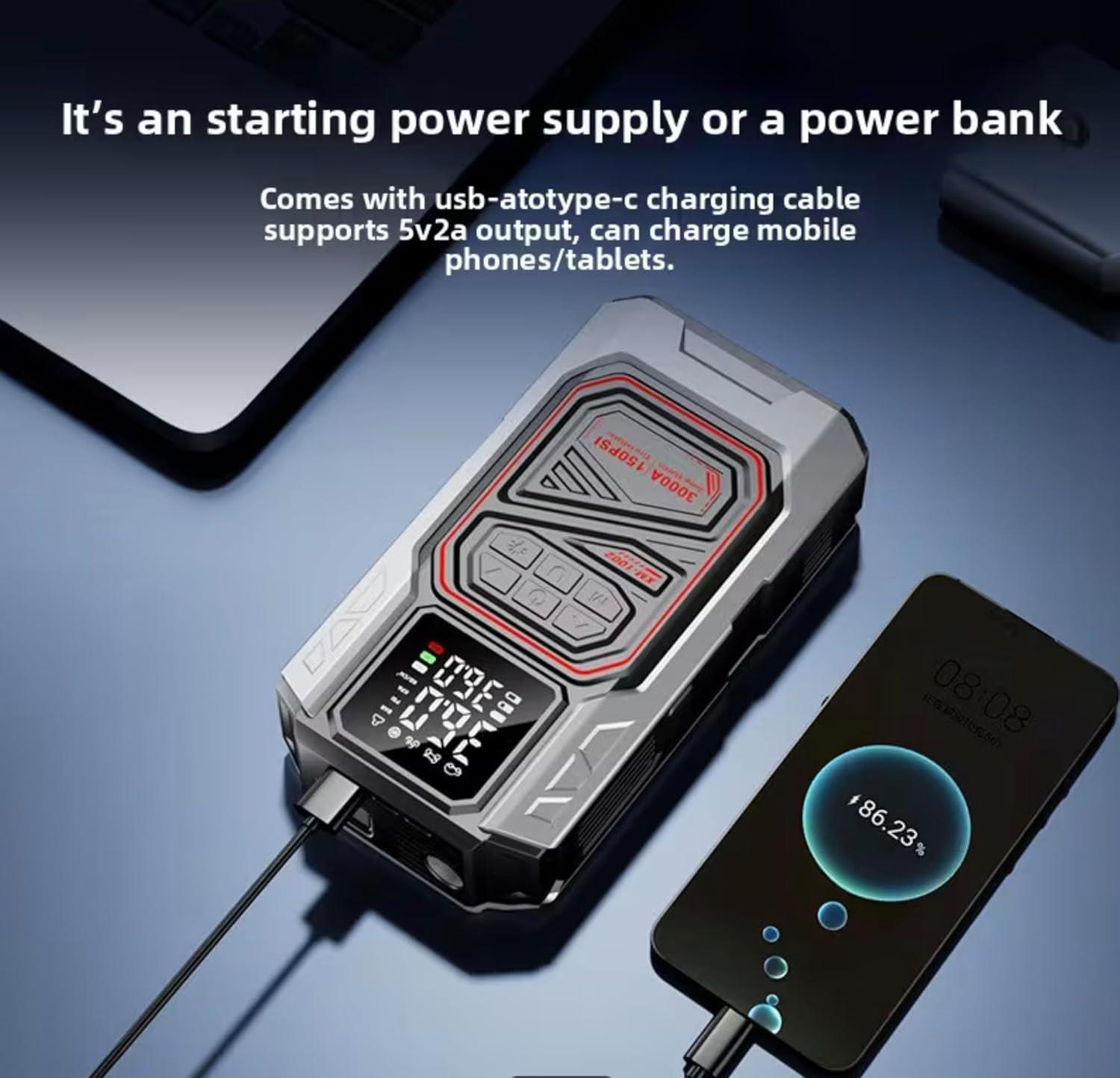 Harvox Akü Takviye Cihazı | 4'ü 1 Arada Powerbank, Hava Kompresörü, LCD Ekran, 10.000mAh 150PSI