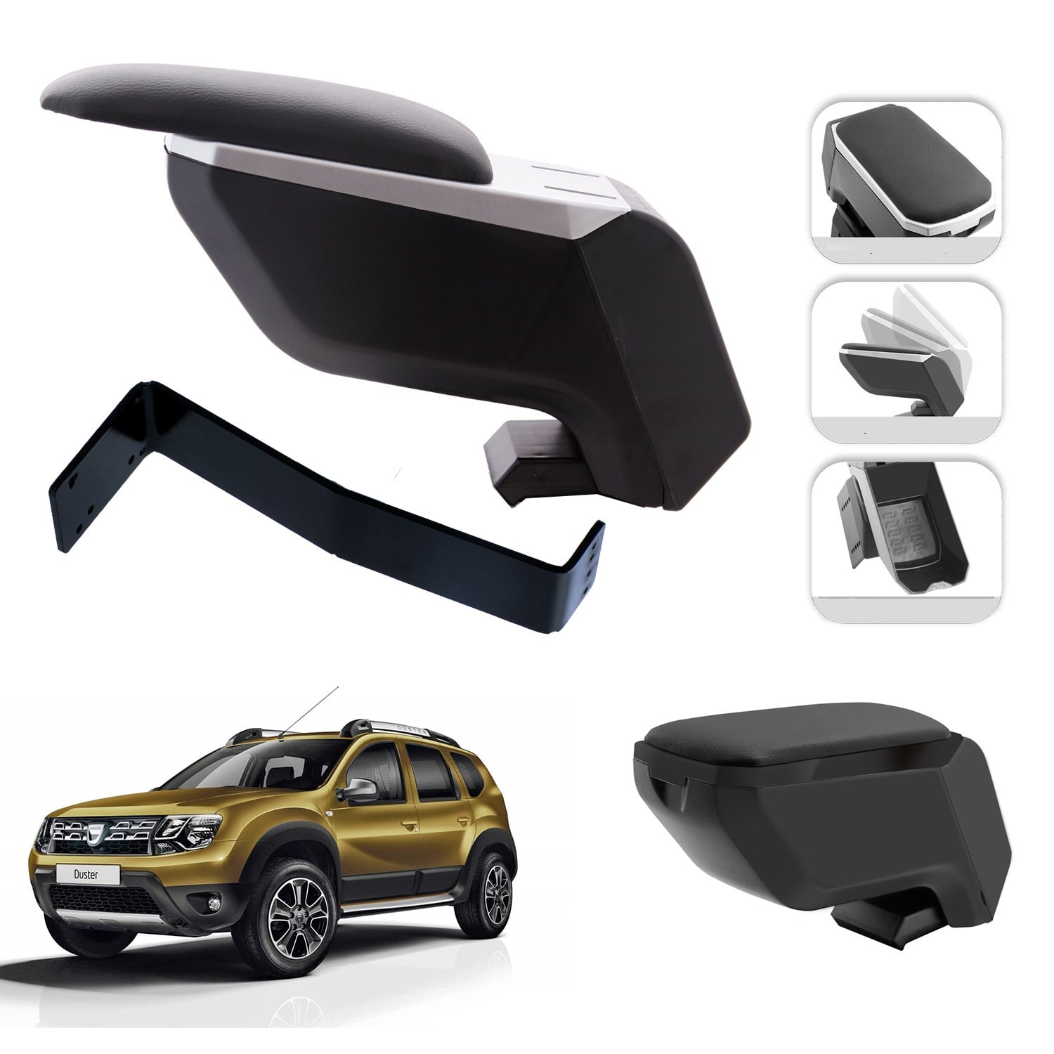 Mis Paket Dacia Duster 2008-2018 Delmesiz Çelik Ayaklı Kolçak + Askılı Koku + Micro Fiber Bez + Torpido Süngeri