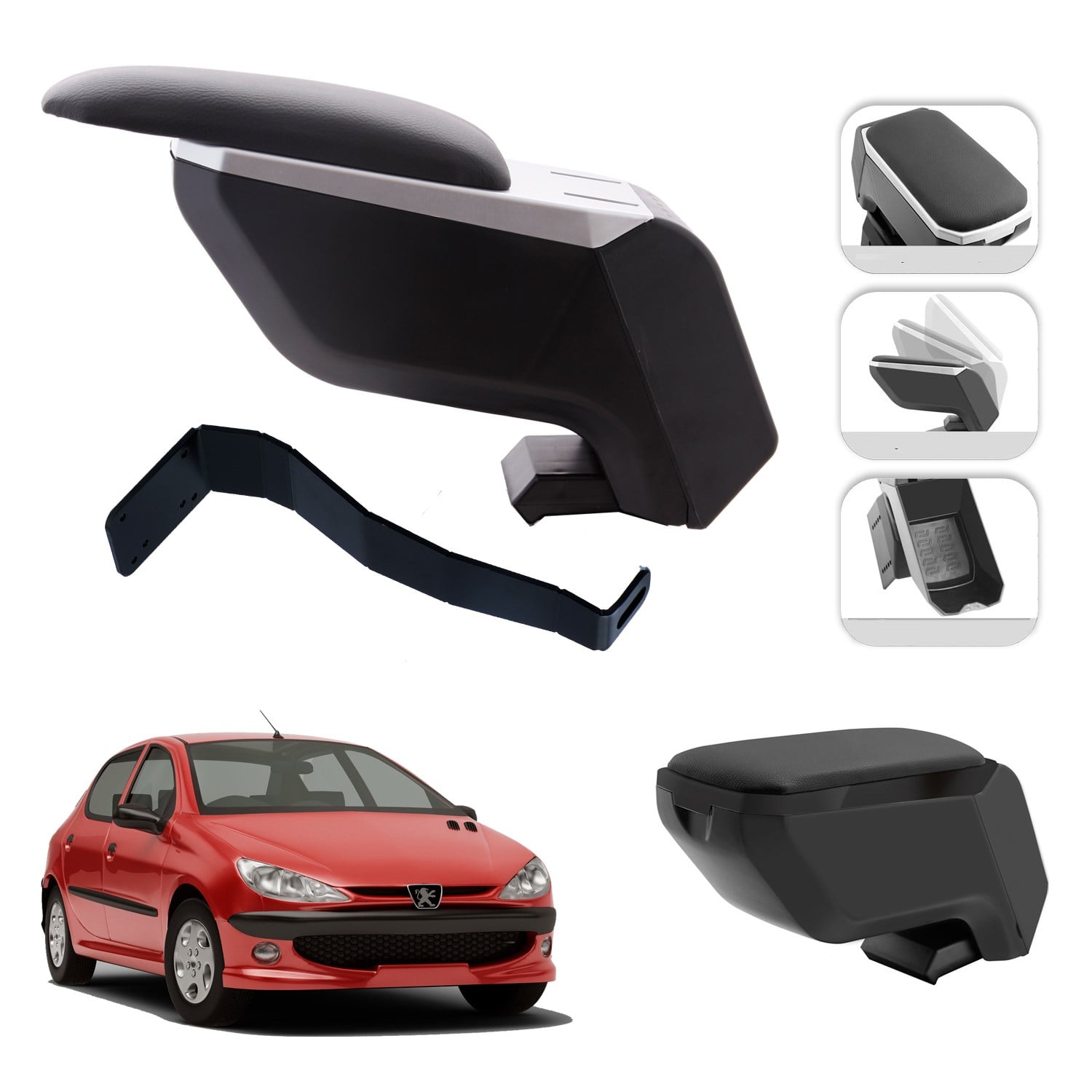 Mis Paket Peugeot 206 1998-2013 Delmesiz Çelik Ayaklı Kolçak + Askılı Koku + Micro Fiber Bez + Torpido Süngeri