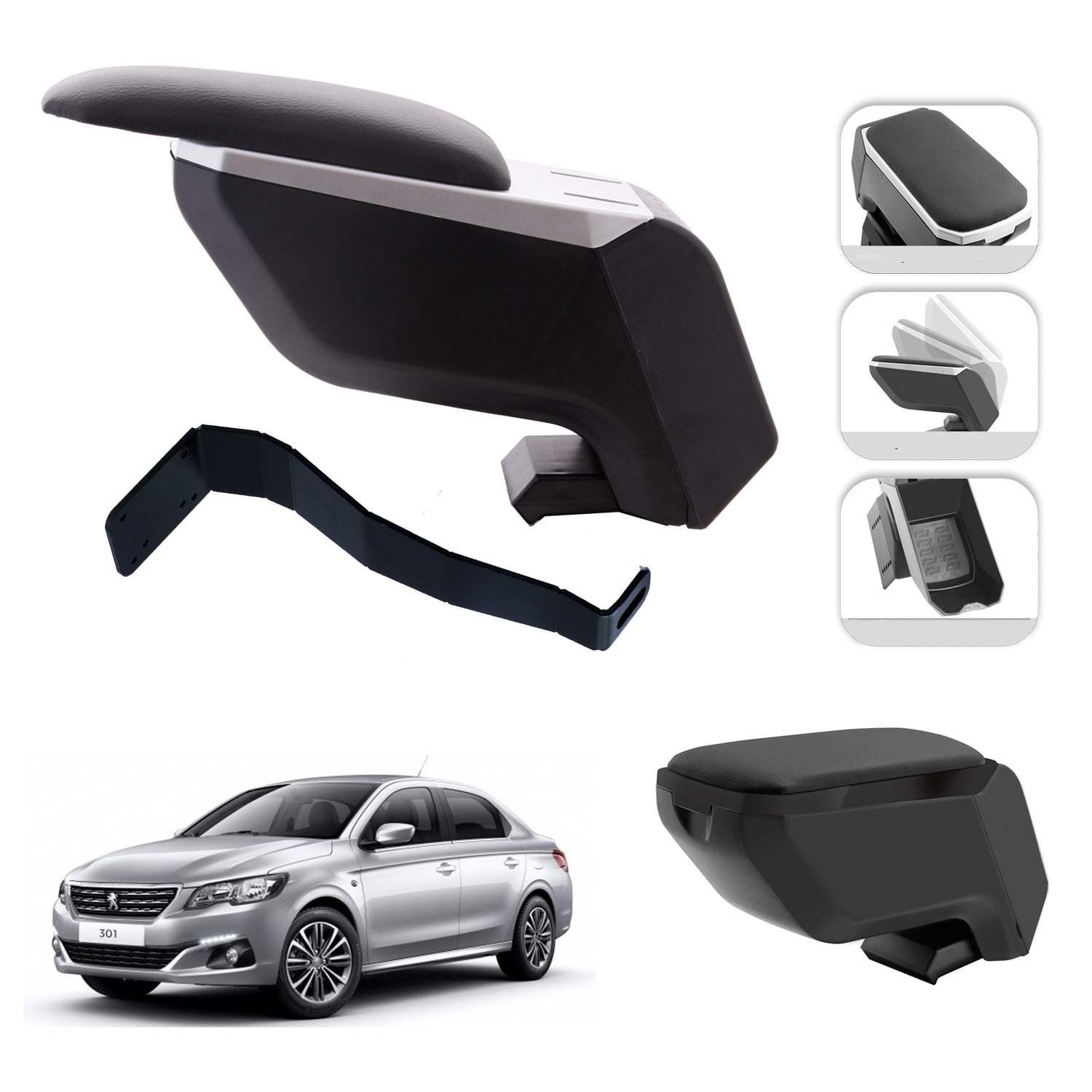 Mis Paket Peugeot 301 2010-2024 Delmesiz Çelik Ayaklı Kolçak + Askılı Koku + Micro Fiber Bez + Torpido Süngeri