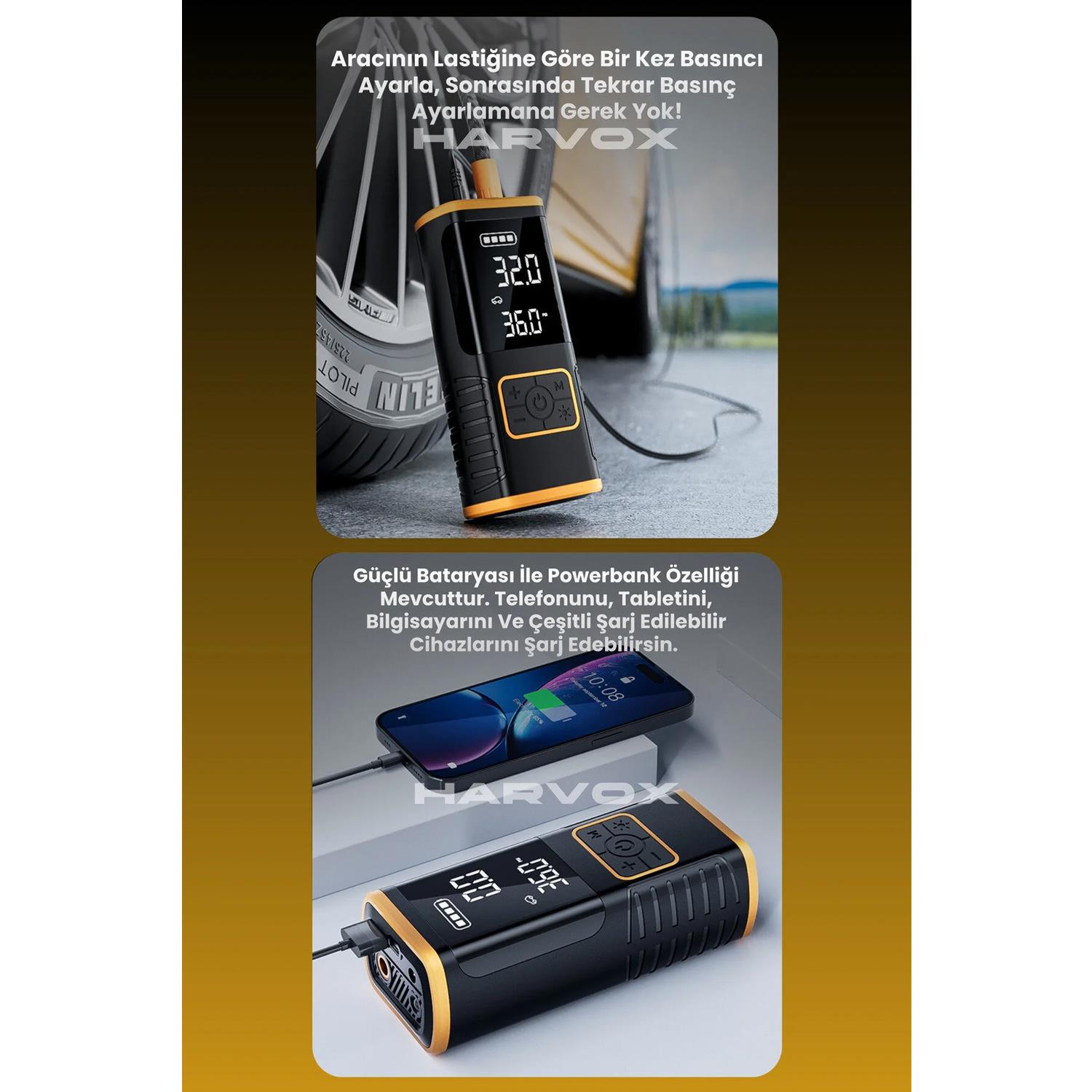 Portatif Kompresör 3'ü 1 Arada Powerbank, Hava Kompresörü, LCD Ekran, 8000mAh 150PSI