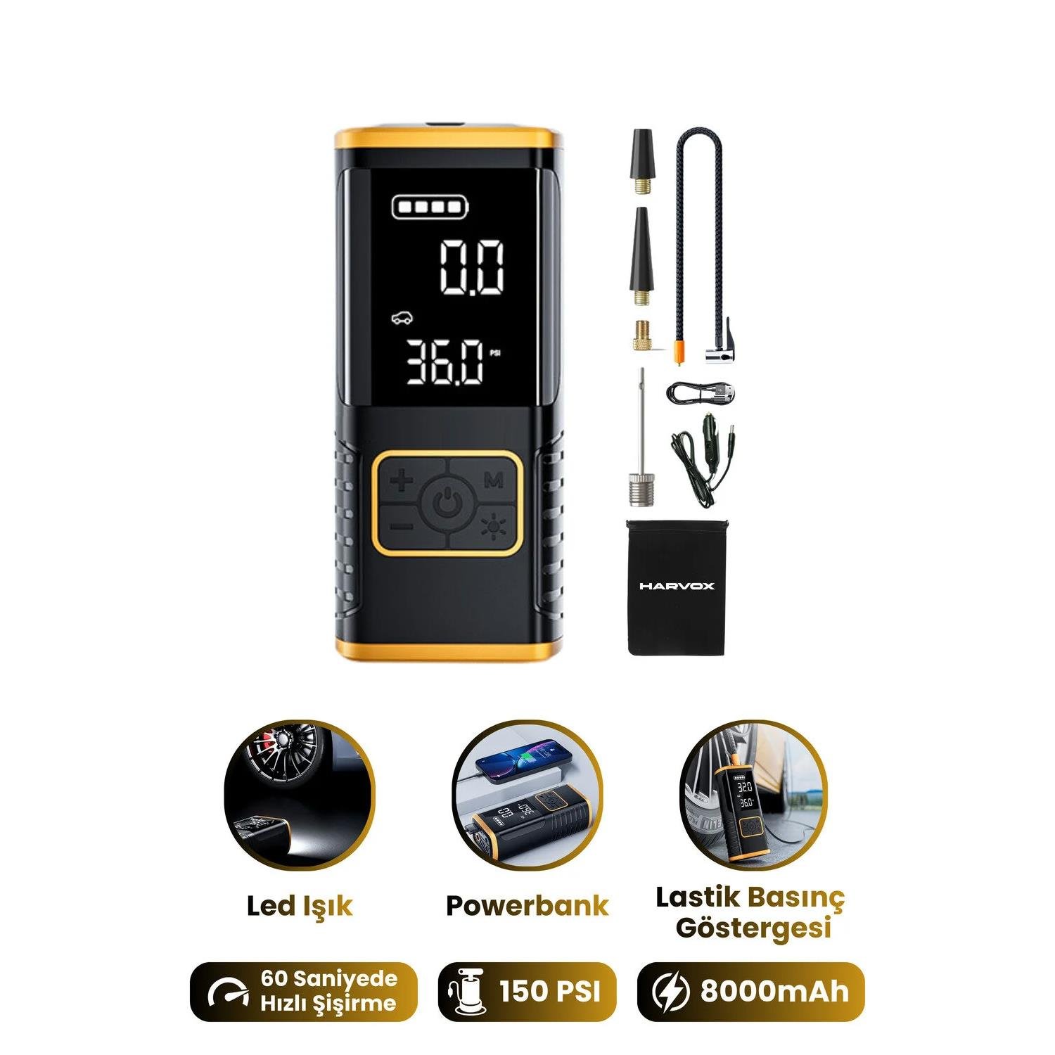 Taşınabilir Kompresör 3'ü 1 Arada Powerbank, Hava Kompresörü, LCD Ekran, 8000mAh 150PSI