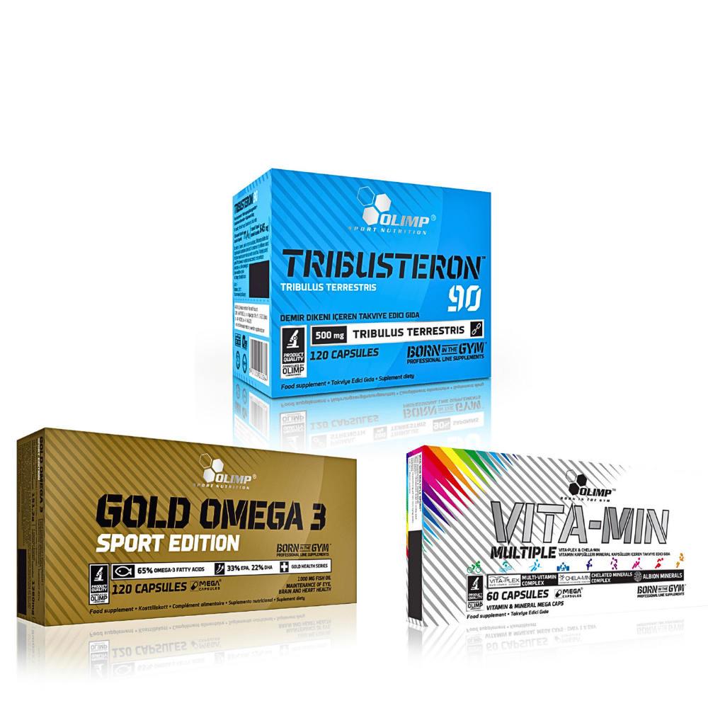 OLIMP VİTAL DESTEK + HORMONAL DENGE + KALP SAĞLIĞI Paket İçeriği: Olimp Tribusteron 90 (120 Kapsül) + Olimp Gold Omega 3 Sport Edition (120 Kapsül) + Olimp Vita-Min Multiple Sport (60 Kapsül)