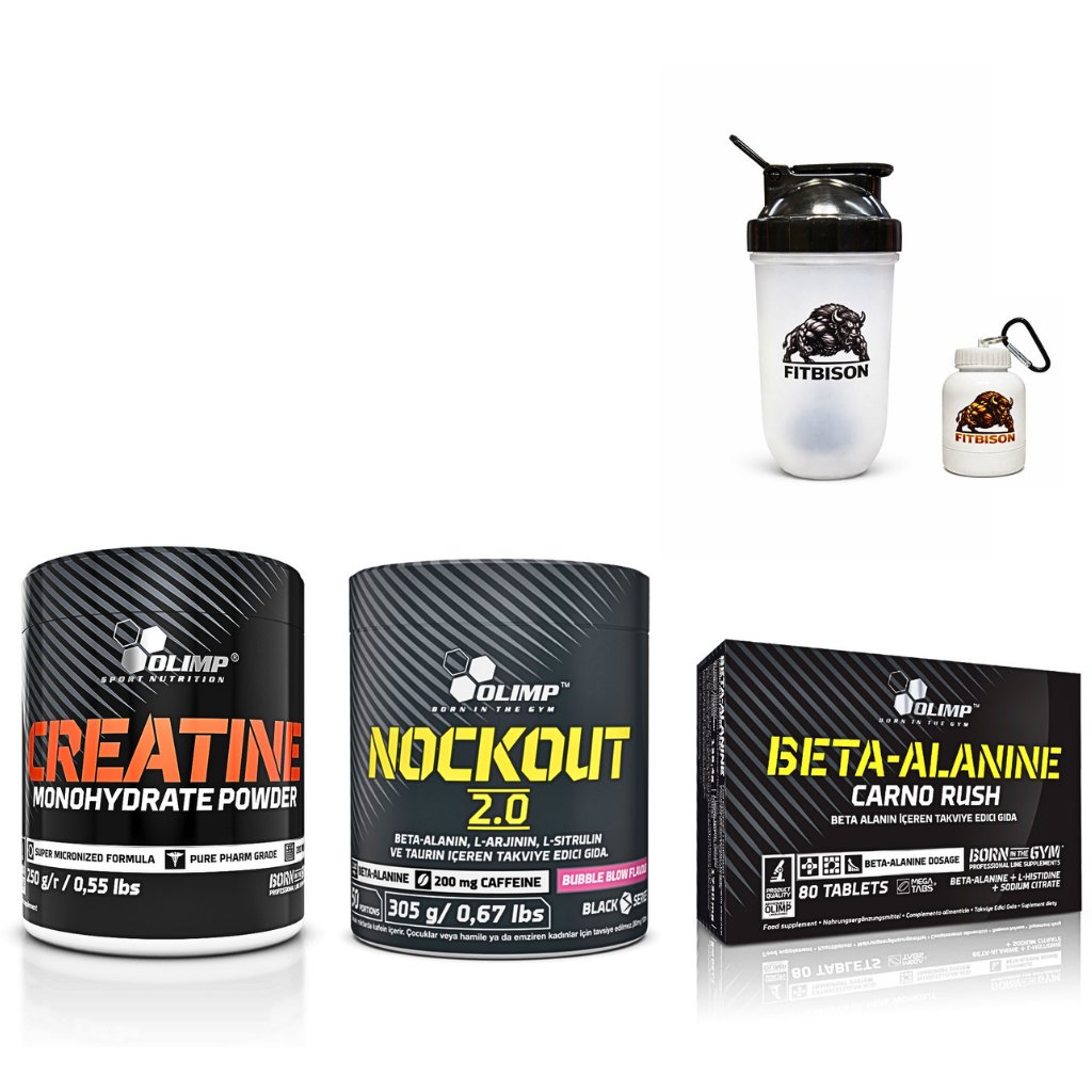 PREMIUM PERFORMANSA YÜKLEN + PUMP'LAN + PATLAT SERİSİ Paket İçeriği: Olimp Creatine Monohydrate Powder + Olimp Nockout 2.0 (Pre-Workout)  şekerli sakız + Olimp Beta-Alanine Carno Rush (80 Tablets) + Pro Shaker (700 ml) + Maskot Toz Taşıma Kutusu (100 ml)