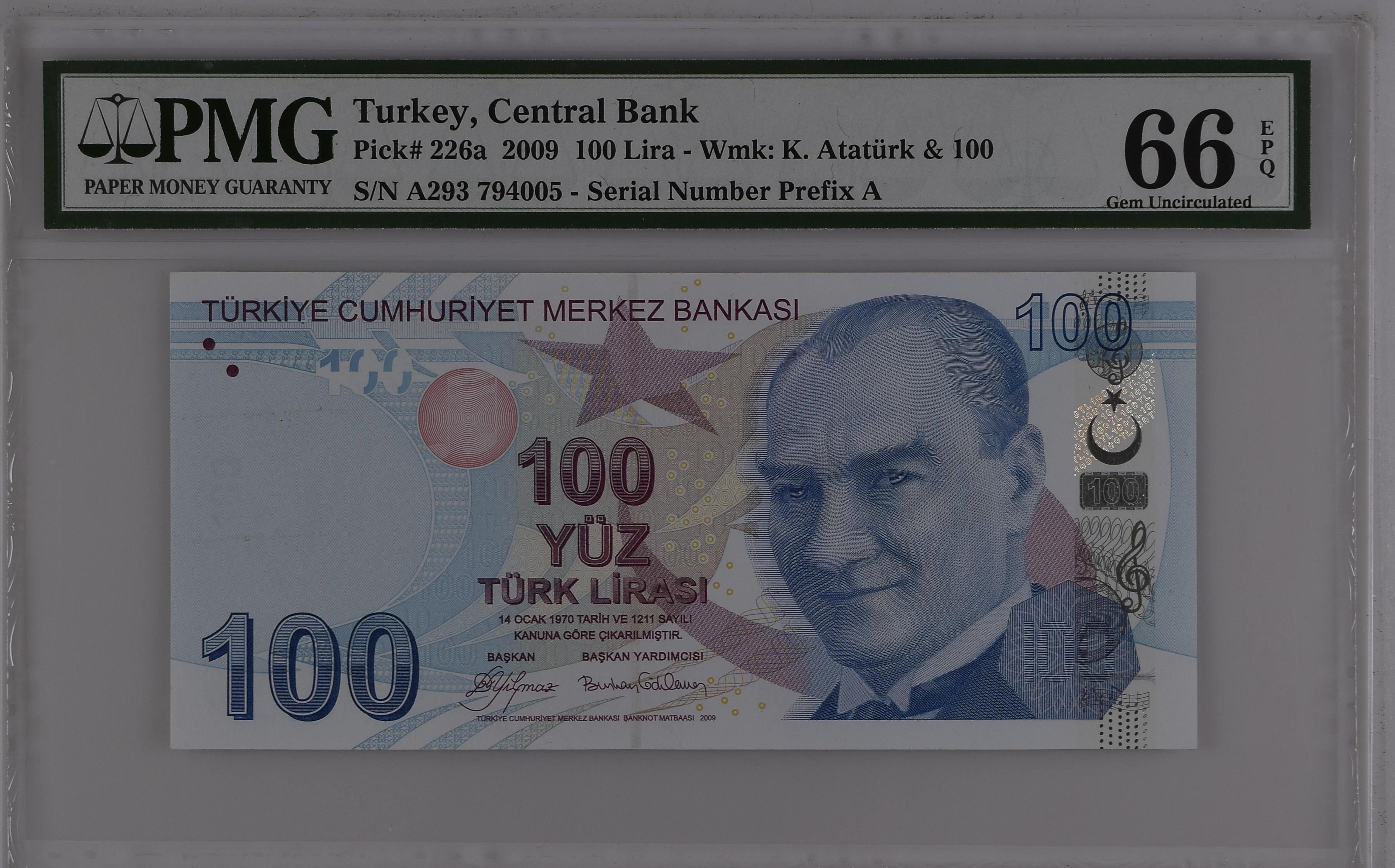 9. Emisyon 1. Tertip 100 Lira - A293 - PMG 66