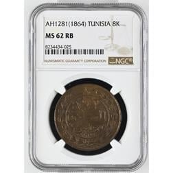 Sultan Abdülaziz Tunus 1281 Bakır 8 Harube - ÇİL - NGC MS62 RB