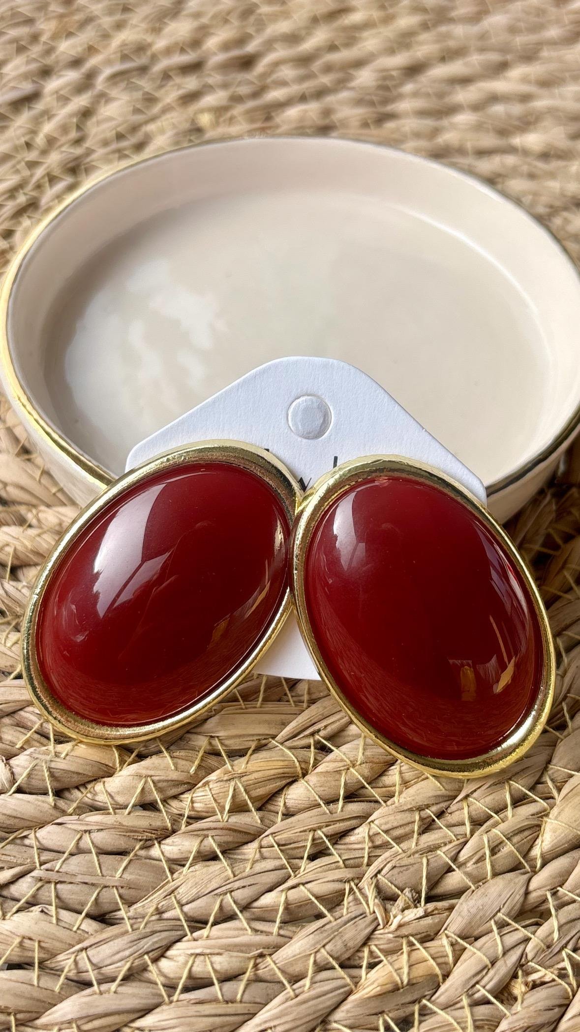 Bordo Gold Detaylı Oval Küpe