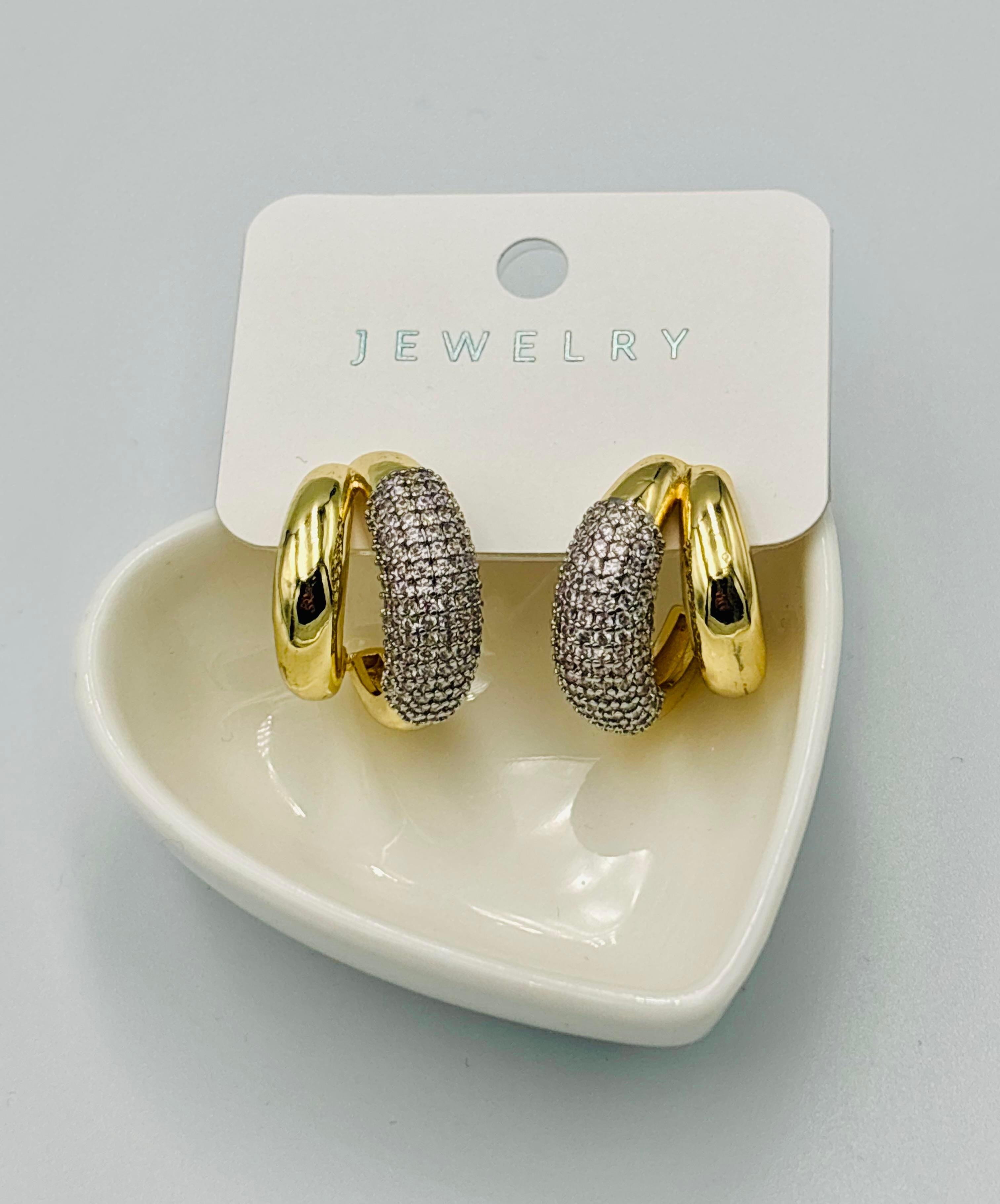 Gold Gümüş Taşlı İkili Görünümlü Küpe