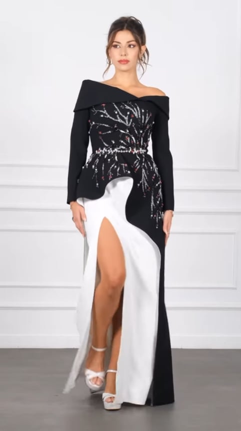 Haute Couture Tarzı İşlemeli Siyah Beyaz Uzun Abiye Elbise