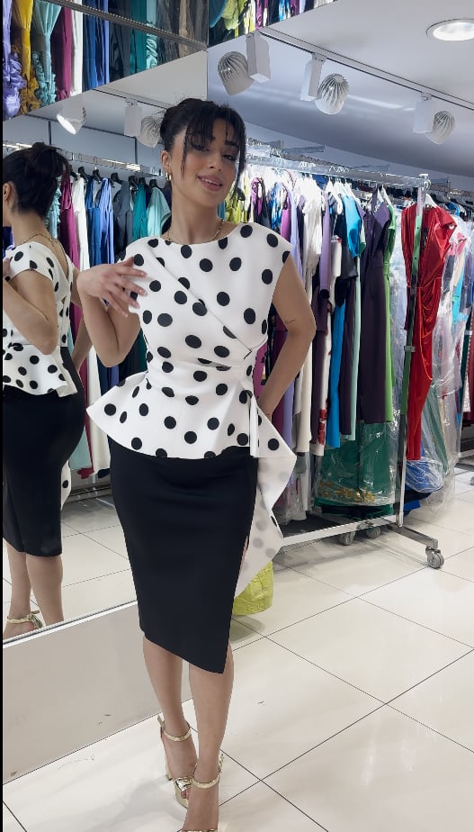 Puantiyeli Asimetrik Peplum Midi Elbise