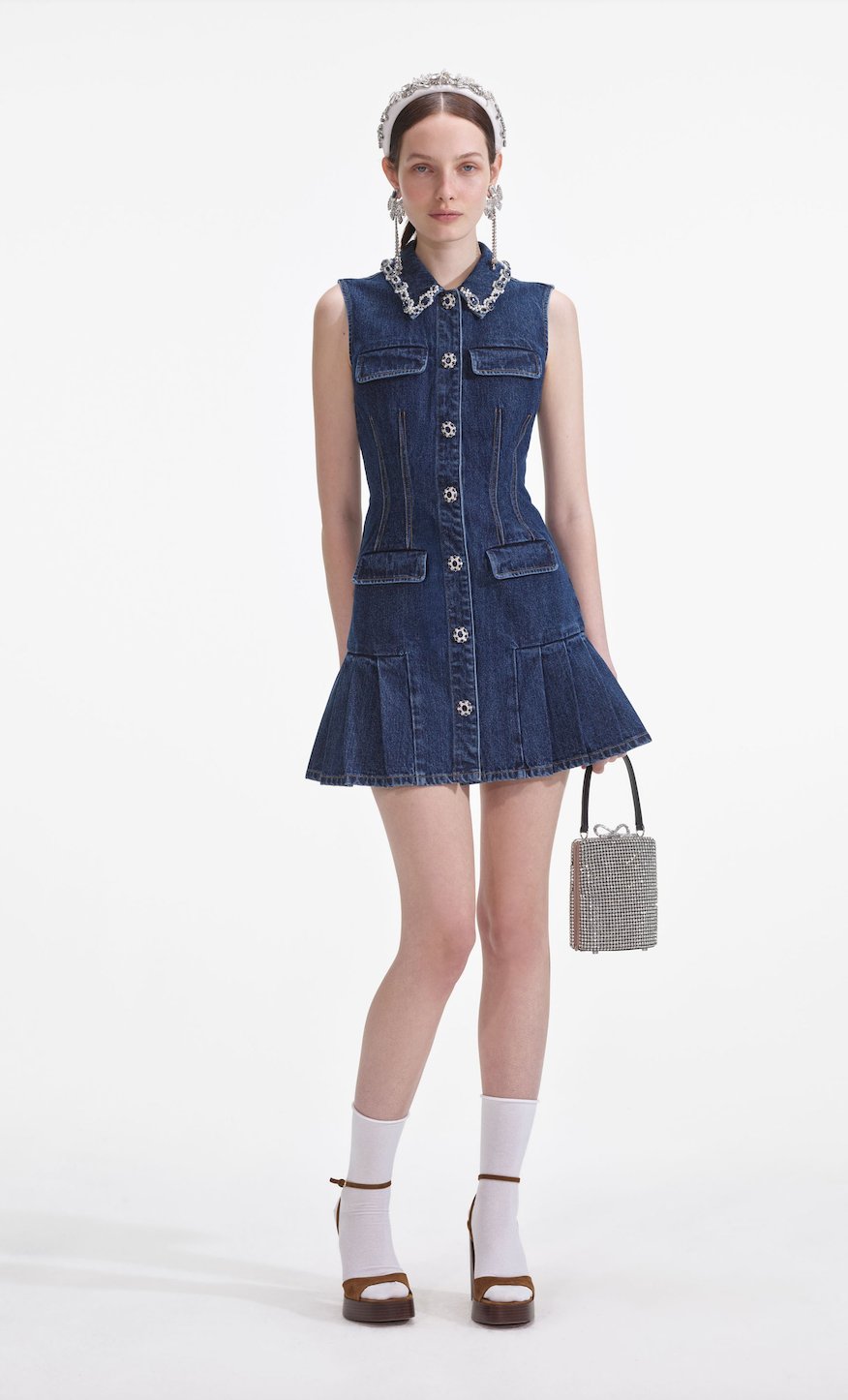Denim Mini Dress with Pockets and Crystal Embroidery on the Collar