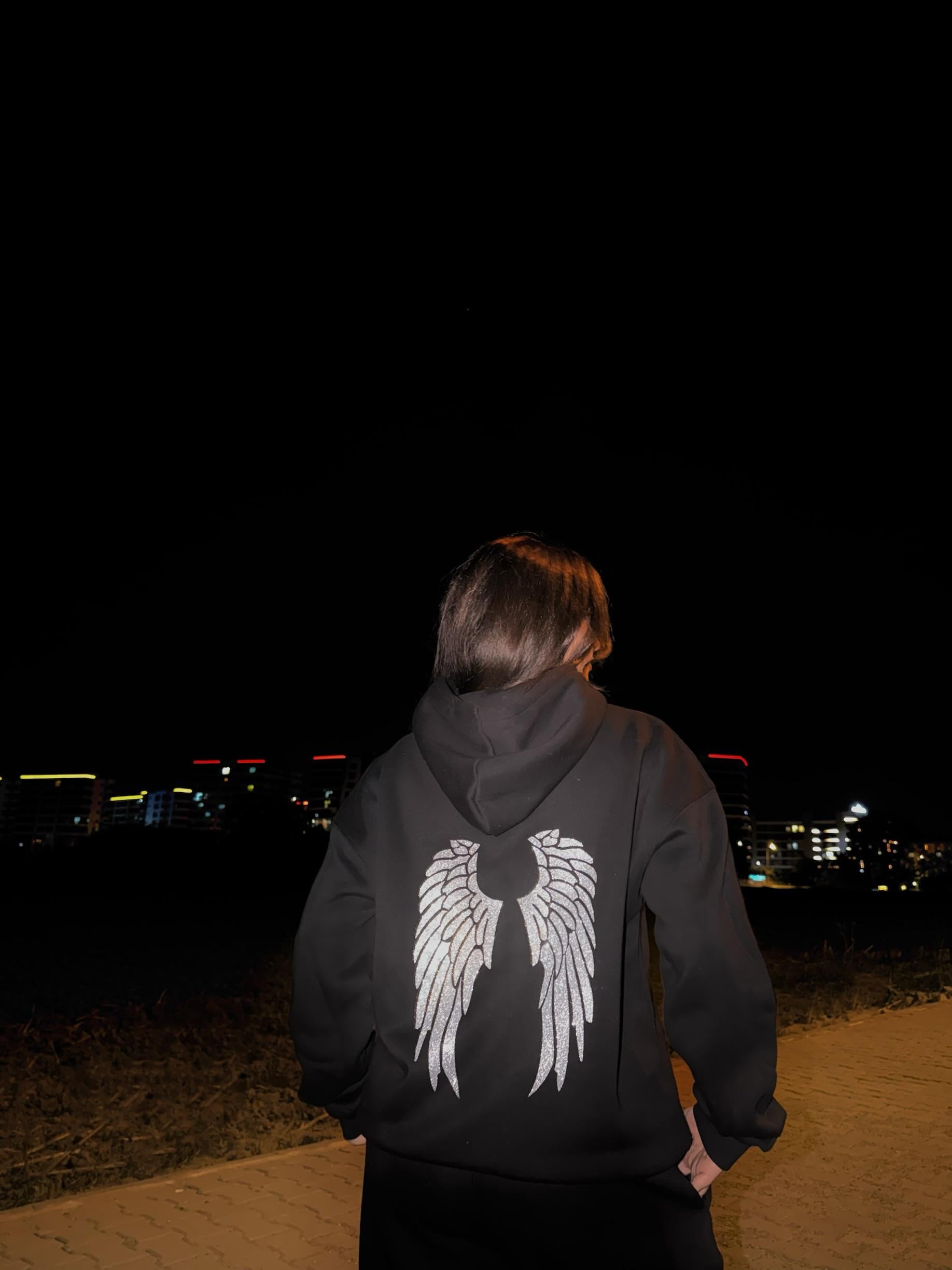 Sim Baskı Angel Siyah Sweatshirt