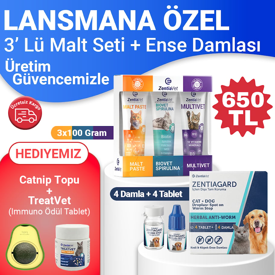 3 lü Malt Seti Tüy Yumağı Engelleyici Multivitamin Tüy Dökülmesi Önleyici-Kedi Ense 4 Damla 4 İç parazit Tableti