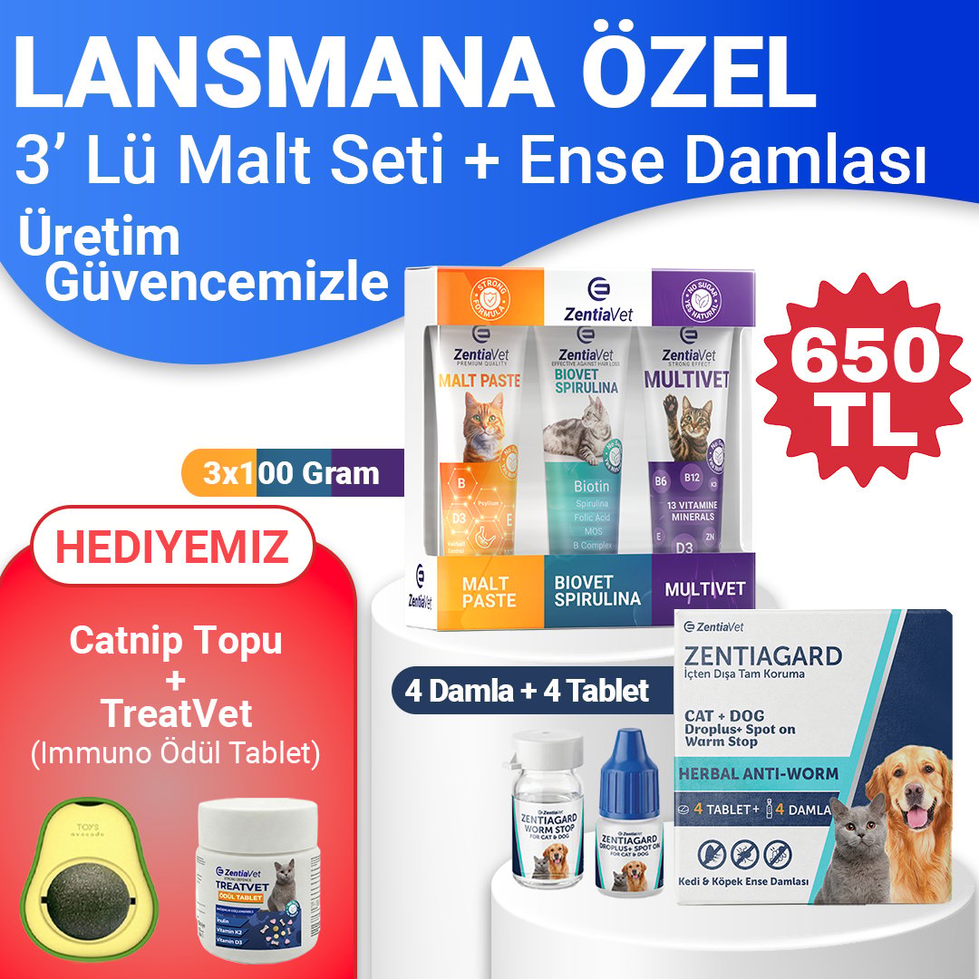 3 lü Malt Seti Tüy Yumağı Engelleyici Multivitamin Tüy Dökülmesi Önleyici-Kedi Ense 4 Damla 4 İç parazit Tableti