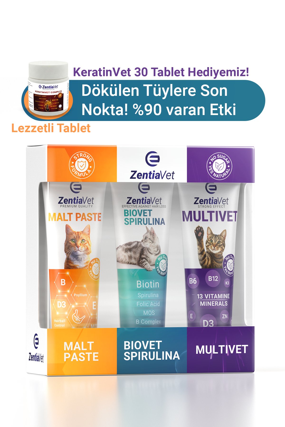 KeratinVet 75 Tablet Hediyeli  Açılışa Özel Kedi Maltı, Tüy Yumağı ve Kusma Önleyici, Kedi Vitamini, Tüy Dökülme Engelleyici 300 gr