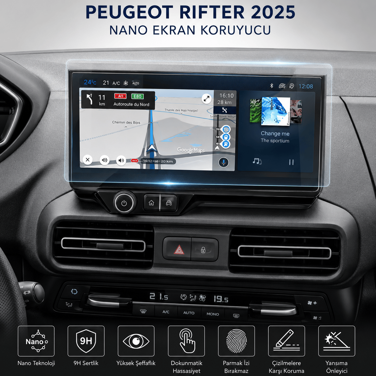 PEUGEOT RİFTER ACTİVE/ALLURE 8 İNÇ9H NANO MULTİMEDYA EKRAN KORUYUCU (PARLAK)