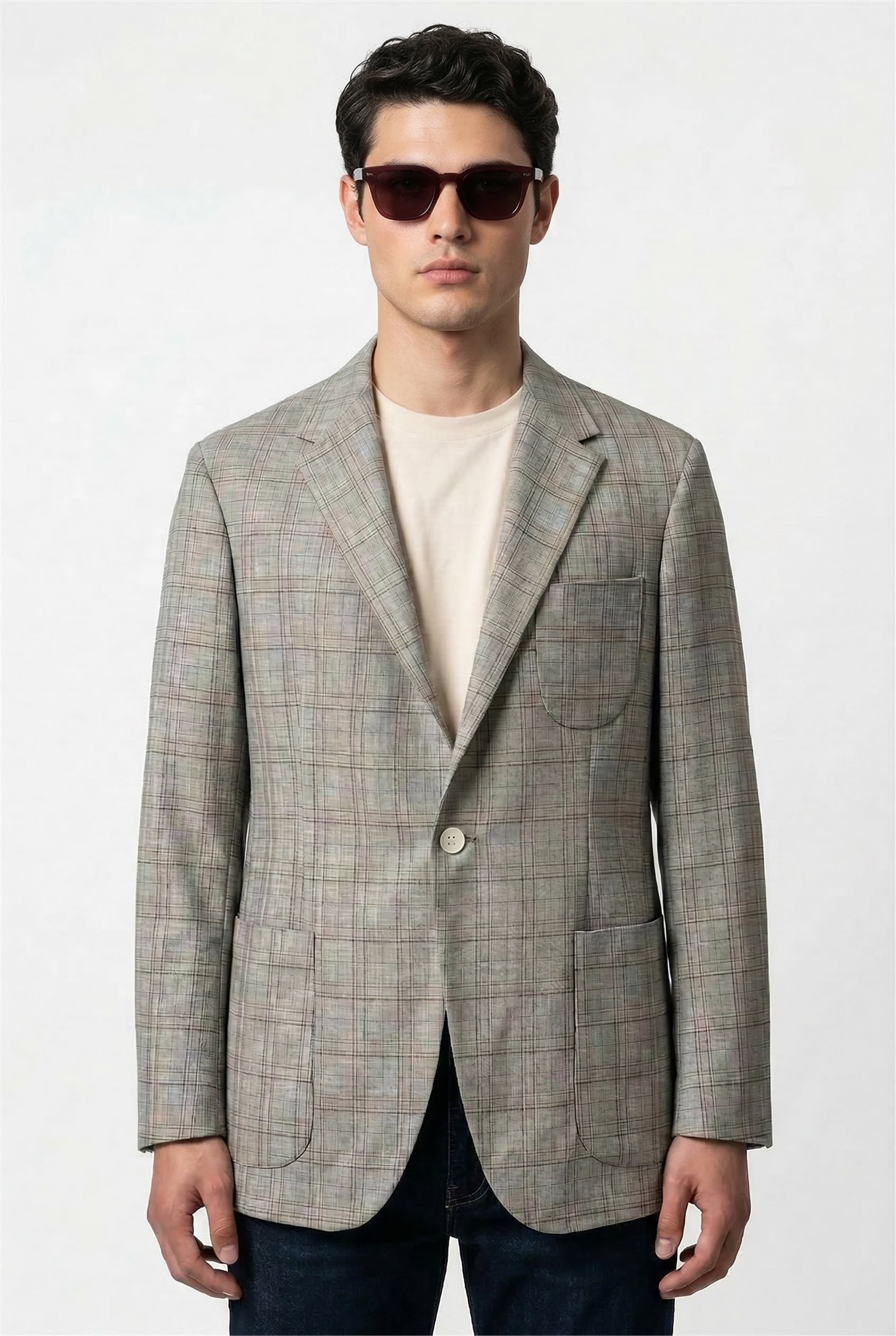 Karakaşlı Açık Gri Kareli Blazer