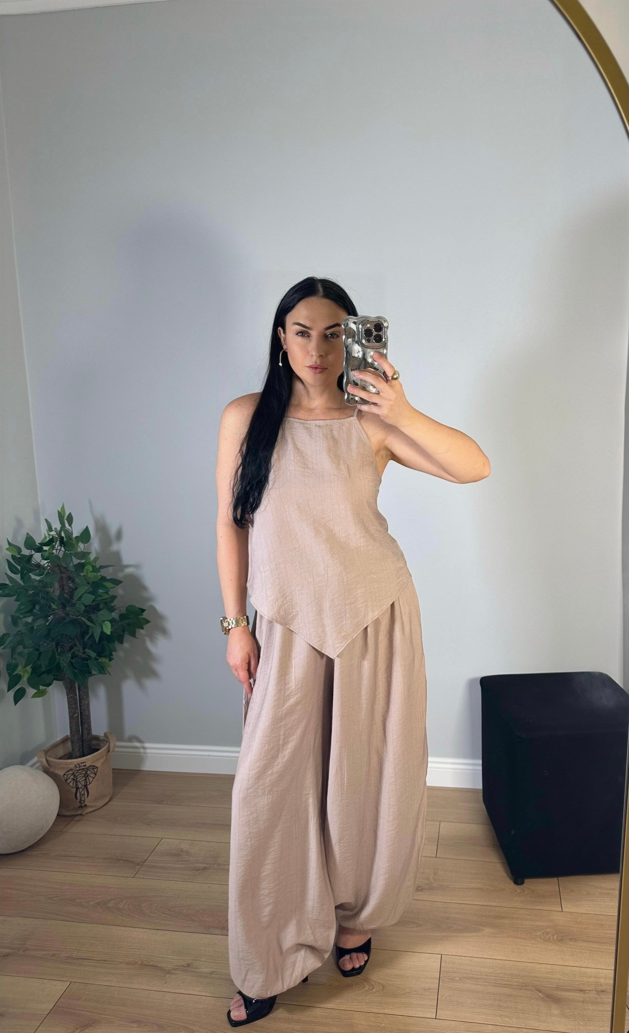 ASKILI ASİMETRİK BLUZ ŞALVAR PANTOLON TAKIM