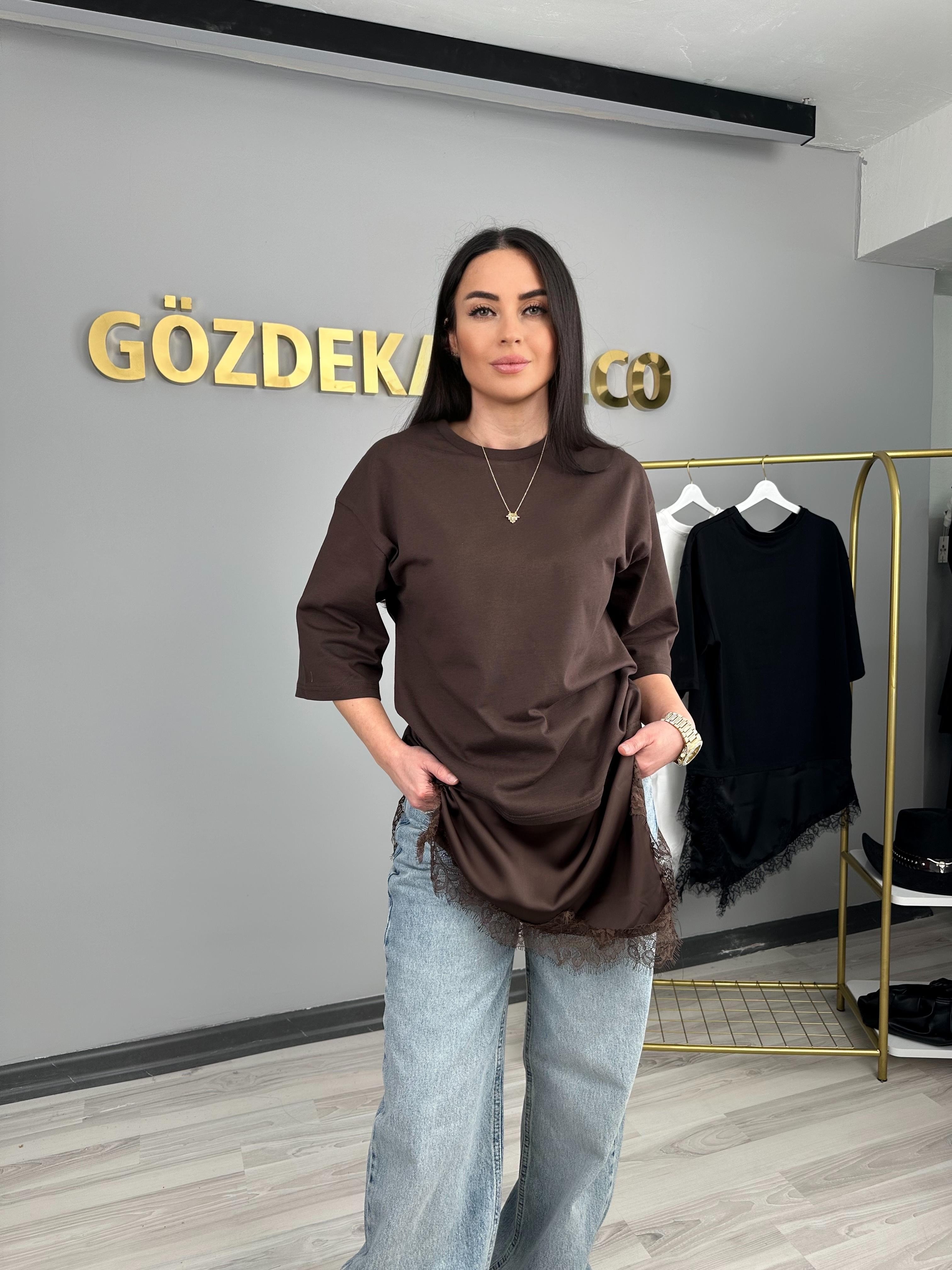 KAHVE DANTEL DETAY BLUZ