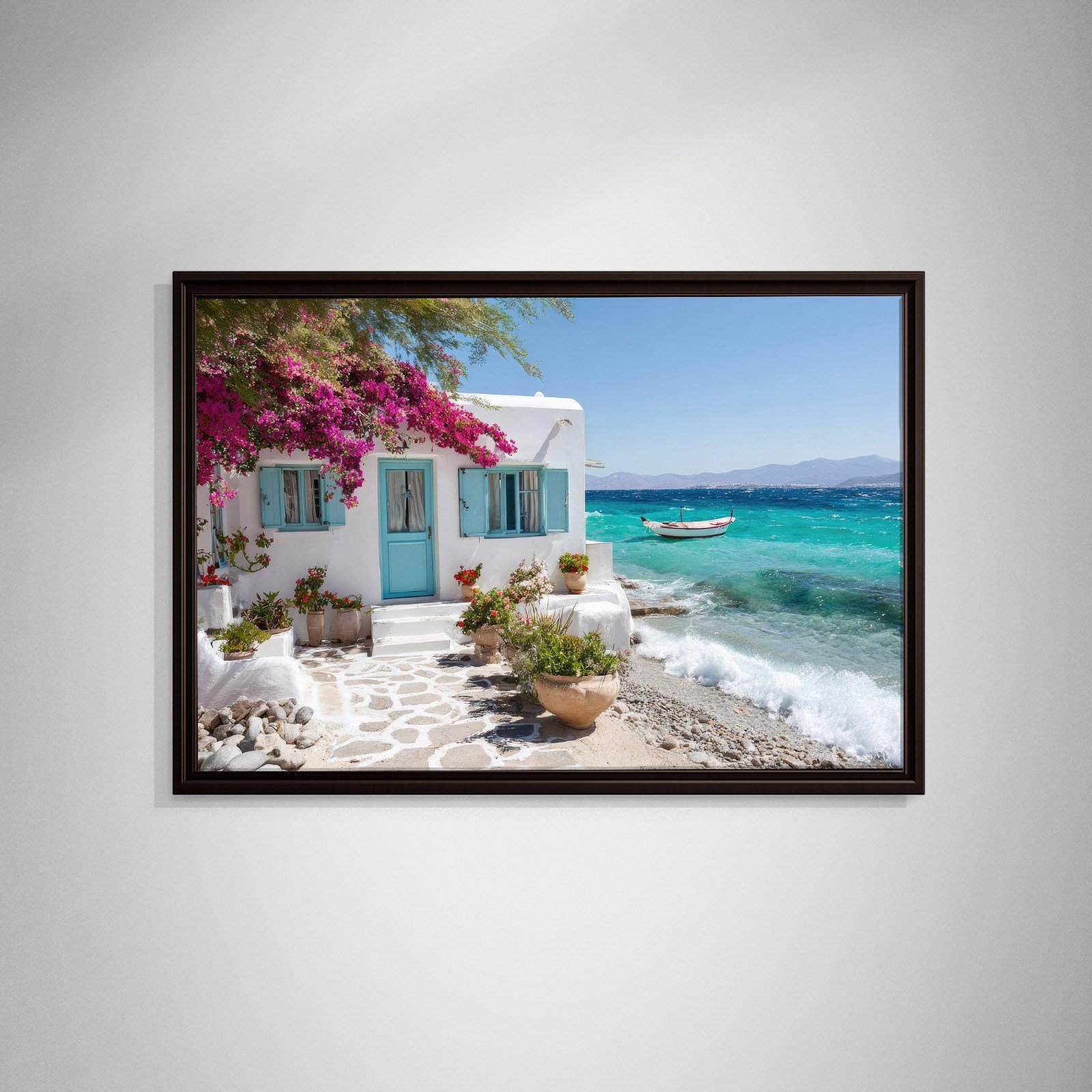 Akdeniz Sahil Evi Kanvas Tablo | Begonvilli Beyaz Ev ve Turkuaz Deniz Manzarası