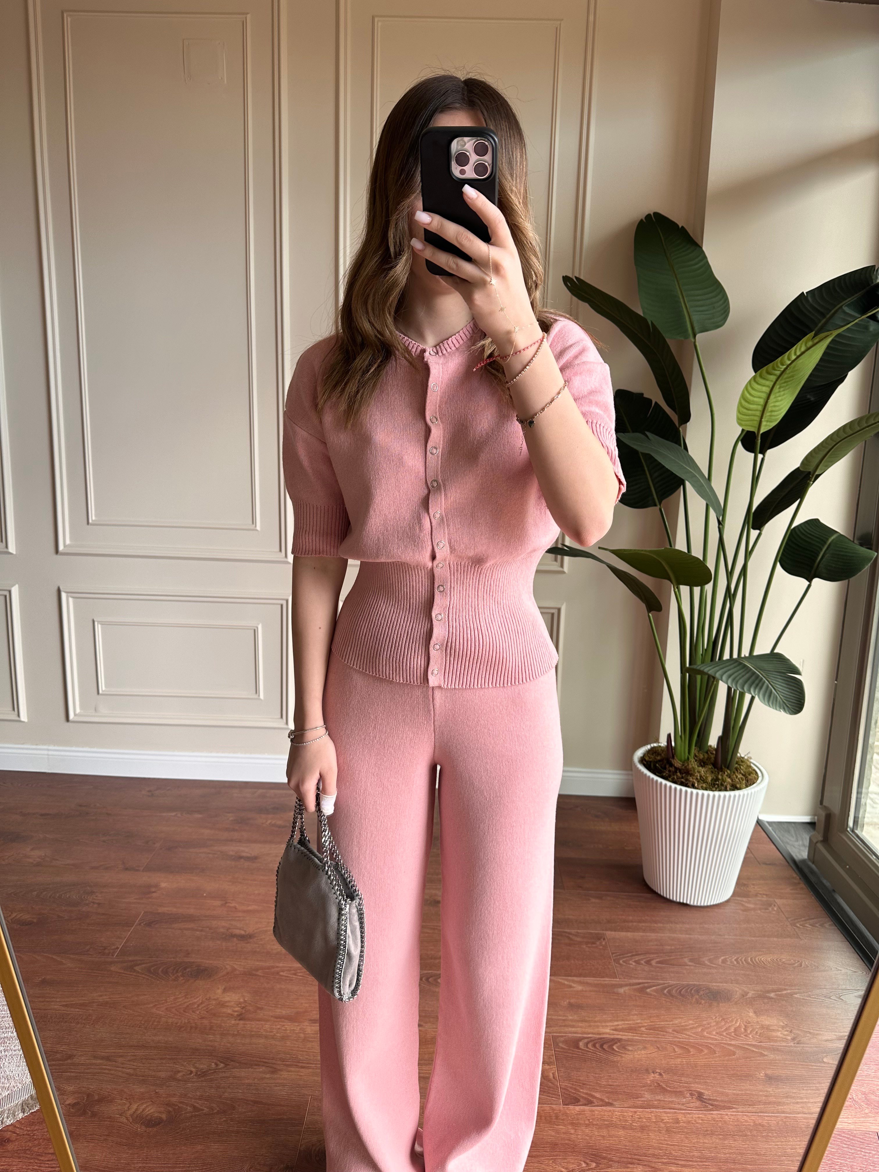 ÇITÇITLI KISA KOL TRIKO TAKIM - PEMBE 