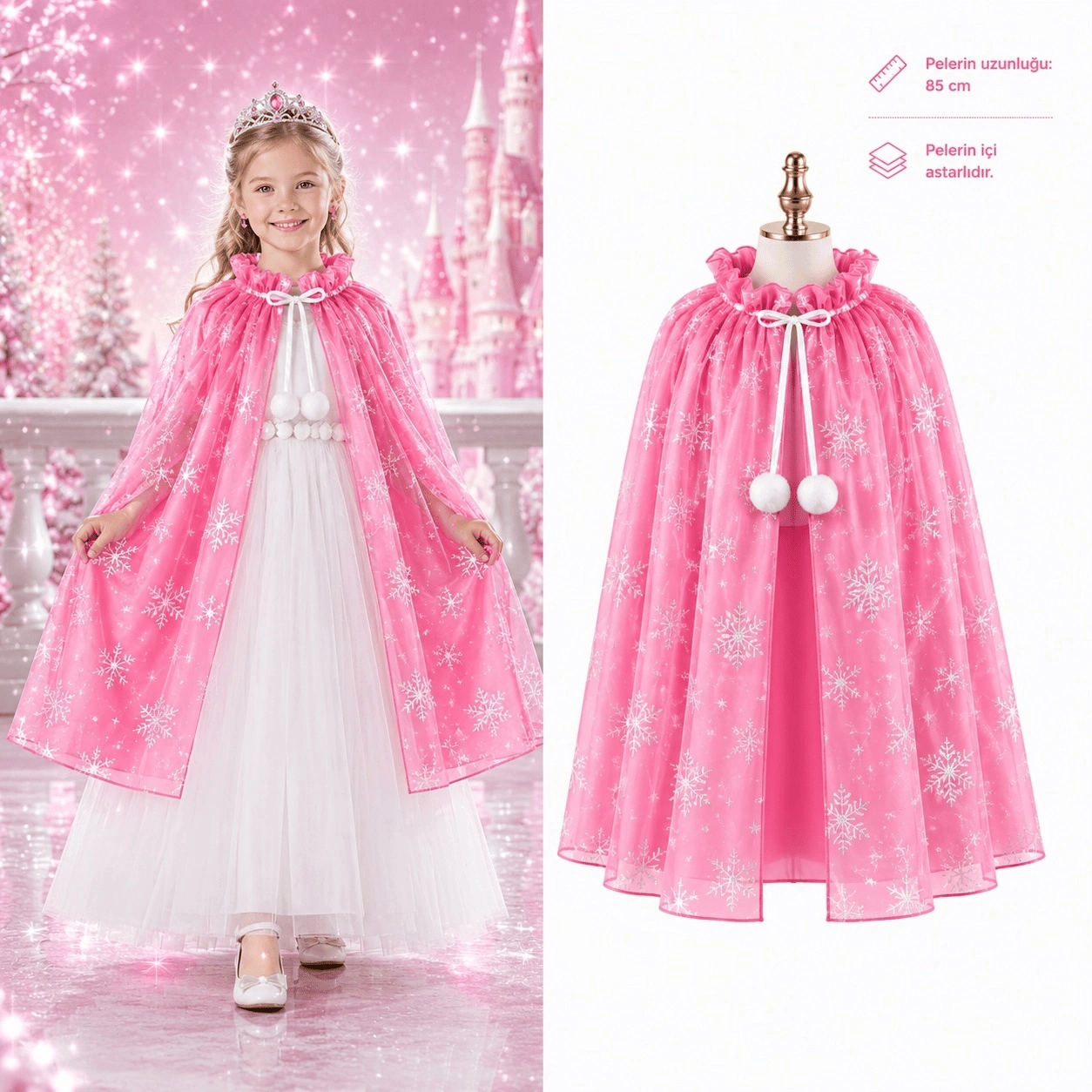 Kar Tanesi Desenli Pembe Elsa Pelerini - Astarlı Frozen Pelerini 85 Cm