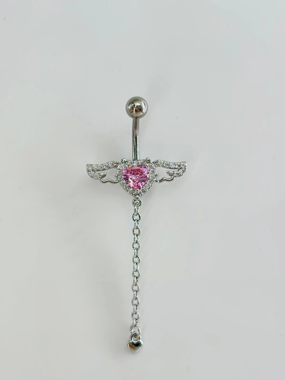 Melek Kanatlı  Pembe Taşlı Kalp Detaylı Sallantılı  Göbek Piercing