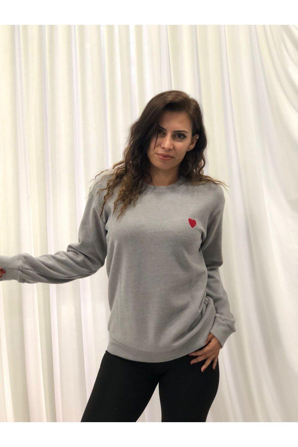 Kalp Nakışlı Bisiklet Yaka Oversize Sweatshirt (Ktn)