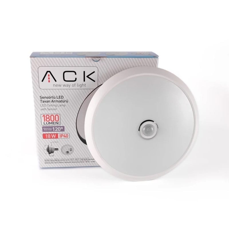 ACK 18 W Sensörlü Led Tavan Armatürü - Beyaz Işık (6500K) - PC Gövde - Acil Kitli - AC18-00130