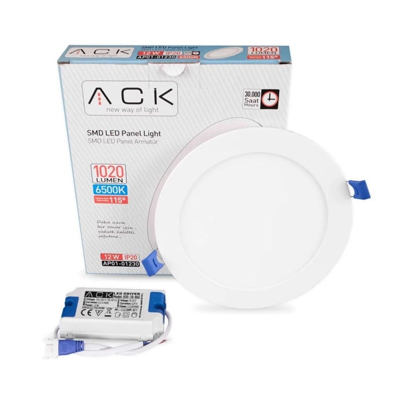 ACK 12 W Led Panel - Beyaz Işık (6500K) - Beyaz Kasa - Yuvarlak - Sıva Altı - AP01-01230