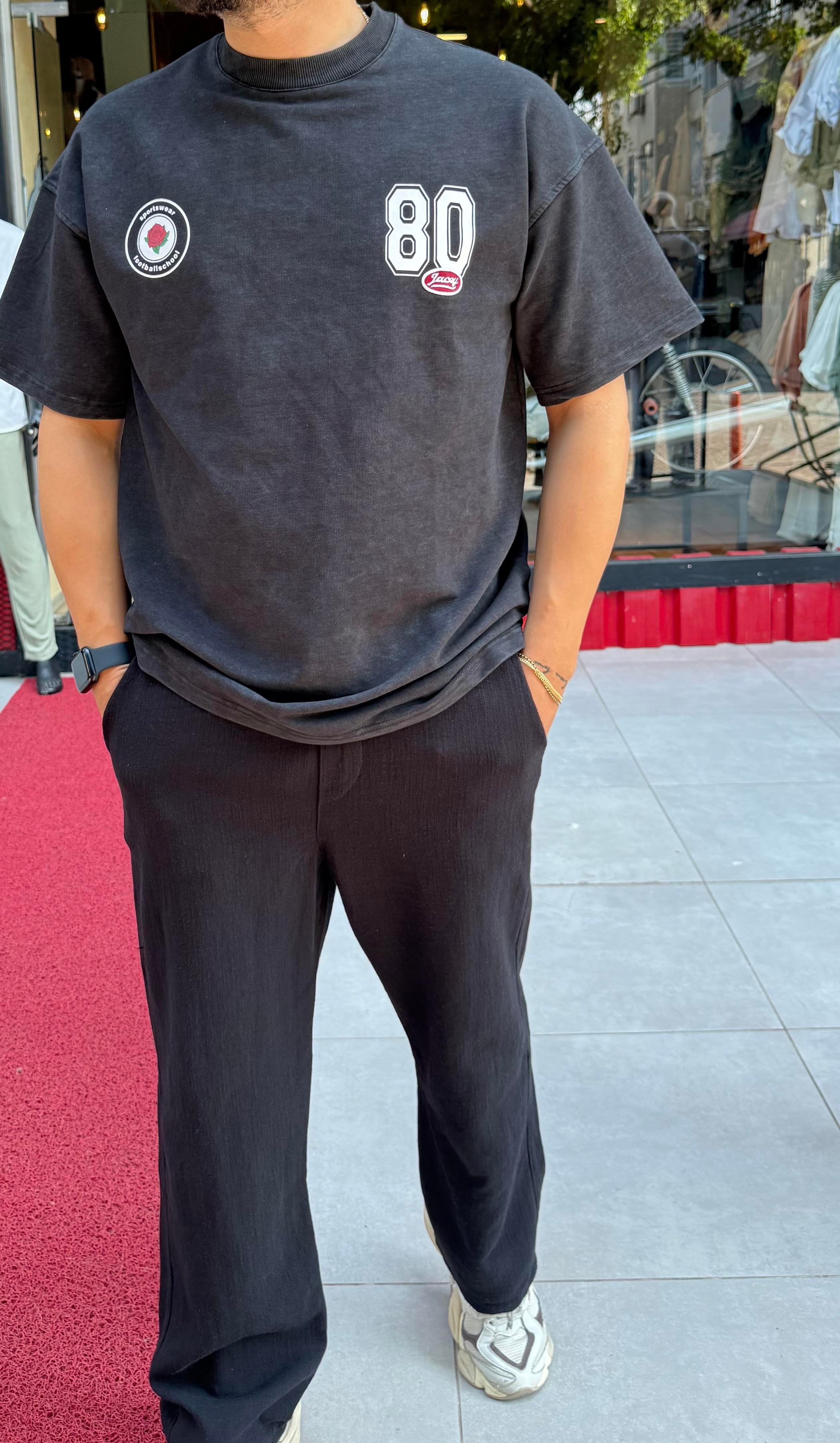 Yıkamalı 80 Baskılı Koyu Gri Oversize Tişört