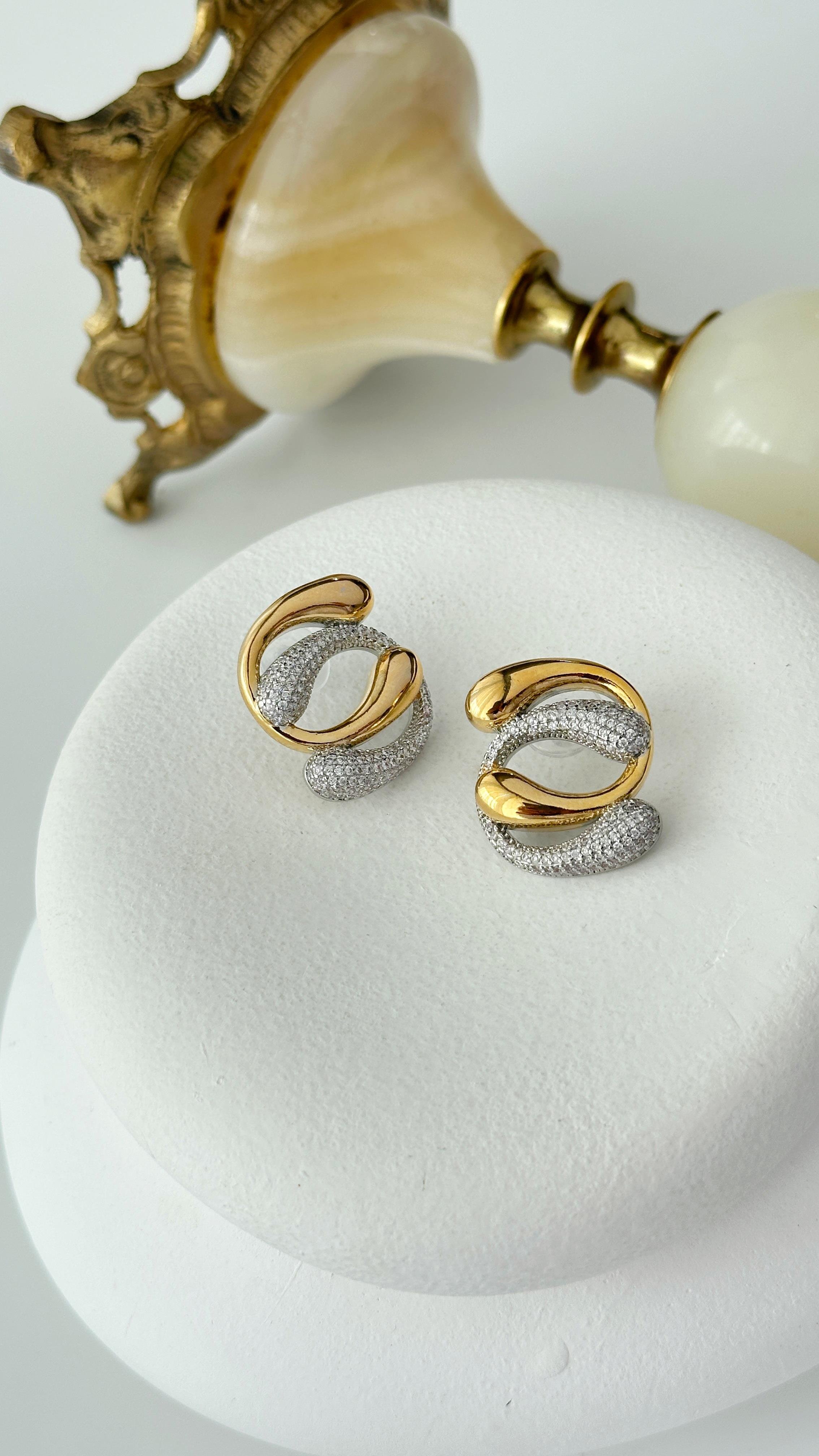 Gold-Silver iç içe Geçmiş Damla Küpe