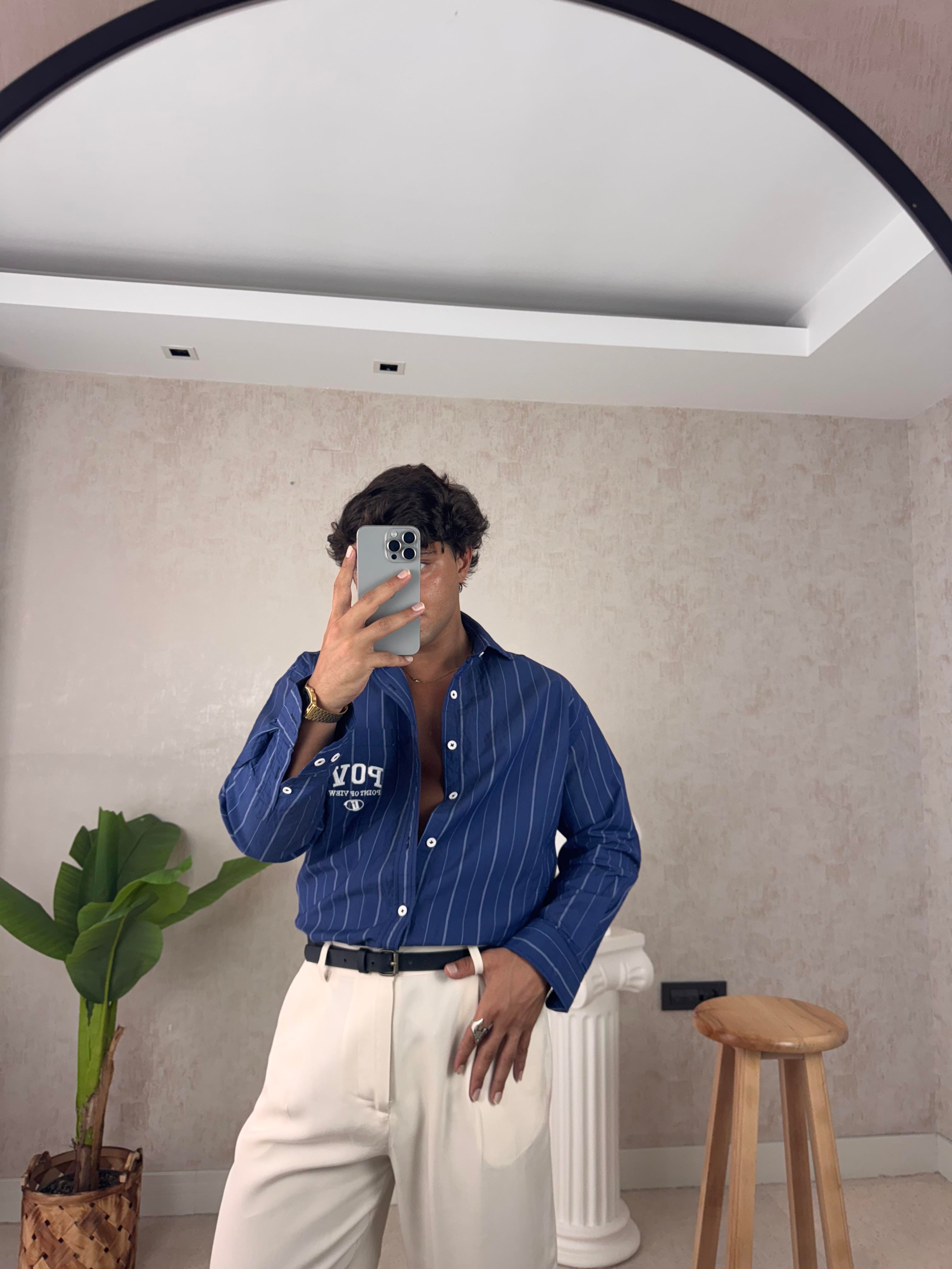 LACİVERT POV NAKIŞLI OVERSİZE GÖMLEK