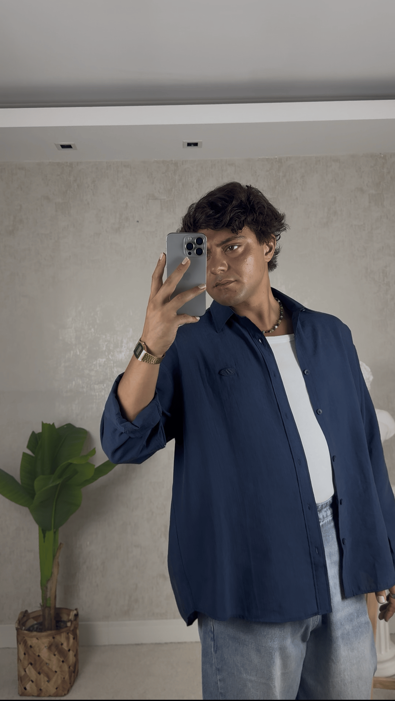 MODAL KUMAŞ LACİVERT OVERSİZE GÖMLEK