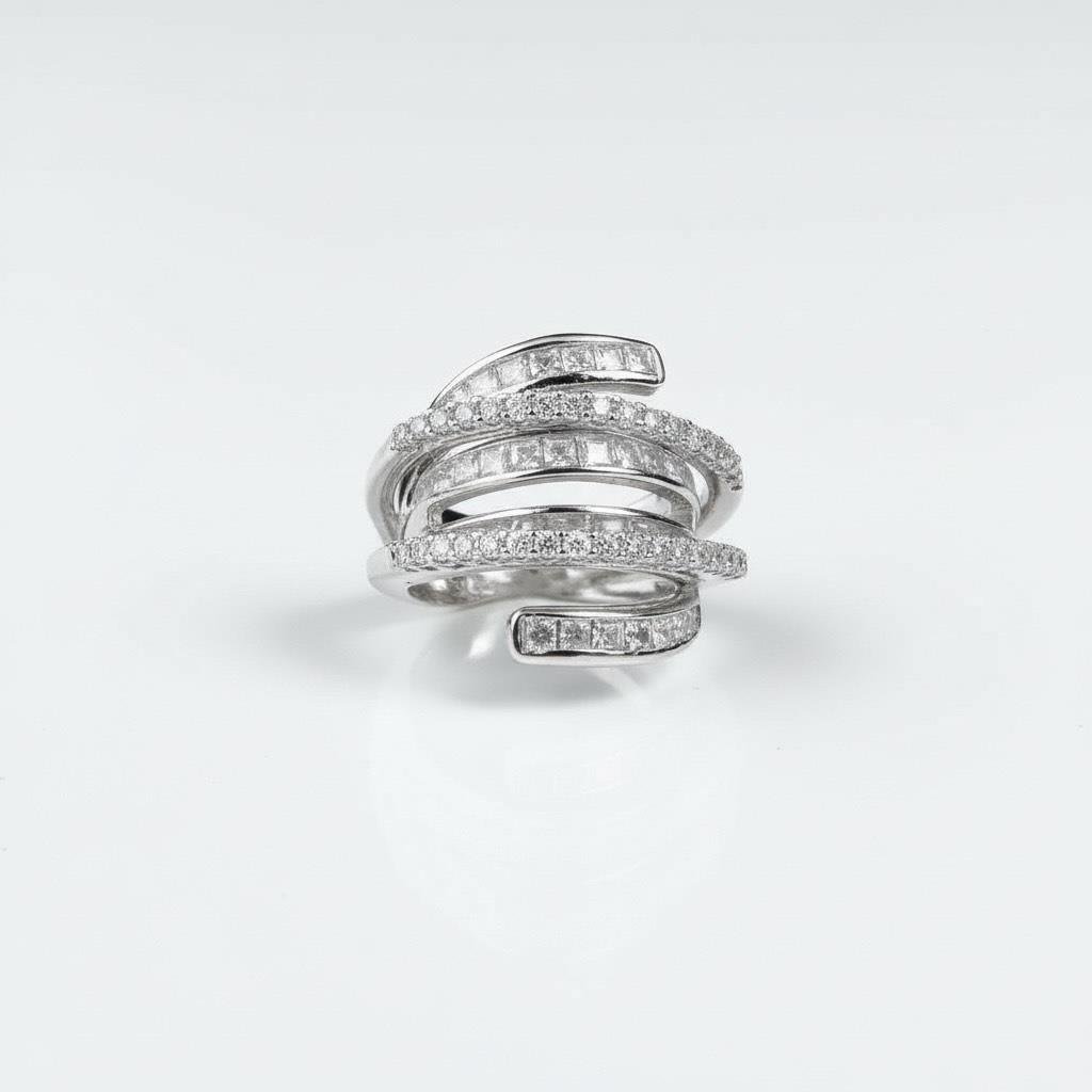 Altı Katmanlı Zirkon Taş Sarmal Çelik Yüzük Gümüş Renk 