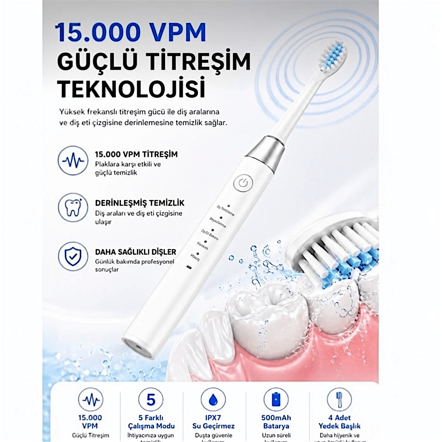 AMF13 Beyaz Şarjlı Elektrikli Diş Fırçası 5 Modlu IPX7 Su Geçirmez 4 Yedek Başlıklı Set 