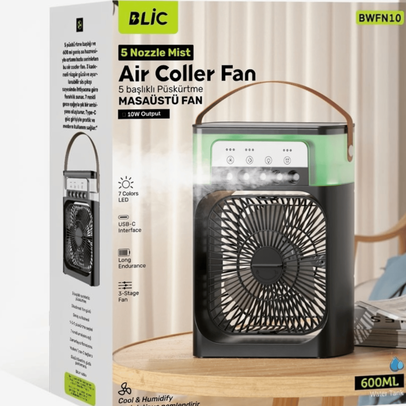Blic 5 Başlıklı Buharlı Klima Fanı 600ML Su Hazneli Siyah | USB-C Şarj ile Kullanım Masaüstü Air Cooler Beyaz