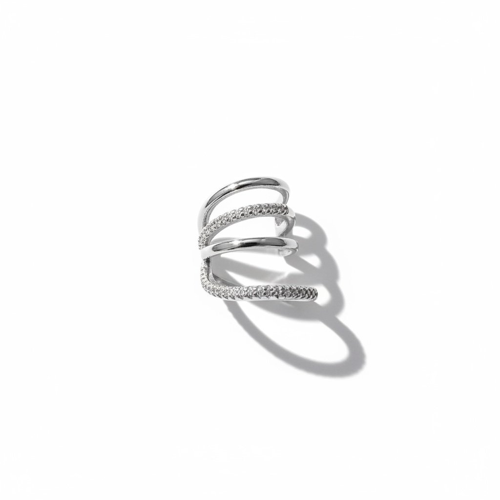 Earcuff Sıkıştırmalı Çelik Kıkırdak Küpe Çoklu Halka Görünümlü Gümüş Renk         
