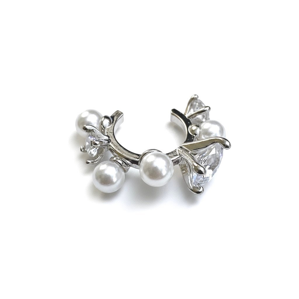 Earcuff Sıkıştırmalı Pirinç Kıkırdak Küpe İncili Taşlı Gümüş Renk         