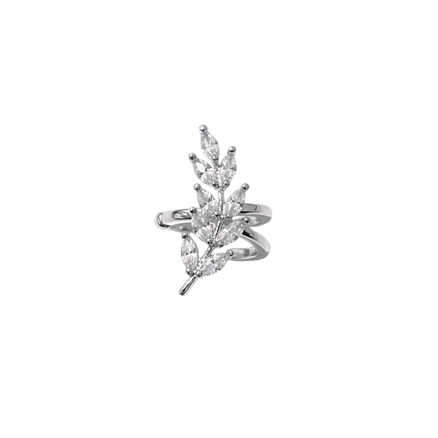 Earcuff Sıkıştırmalı Pirinç Kıkırdak Küpe Yaprak Detaylı Baget Taşlı  Gümüş Renk         