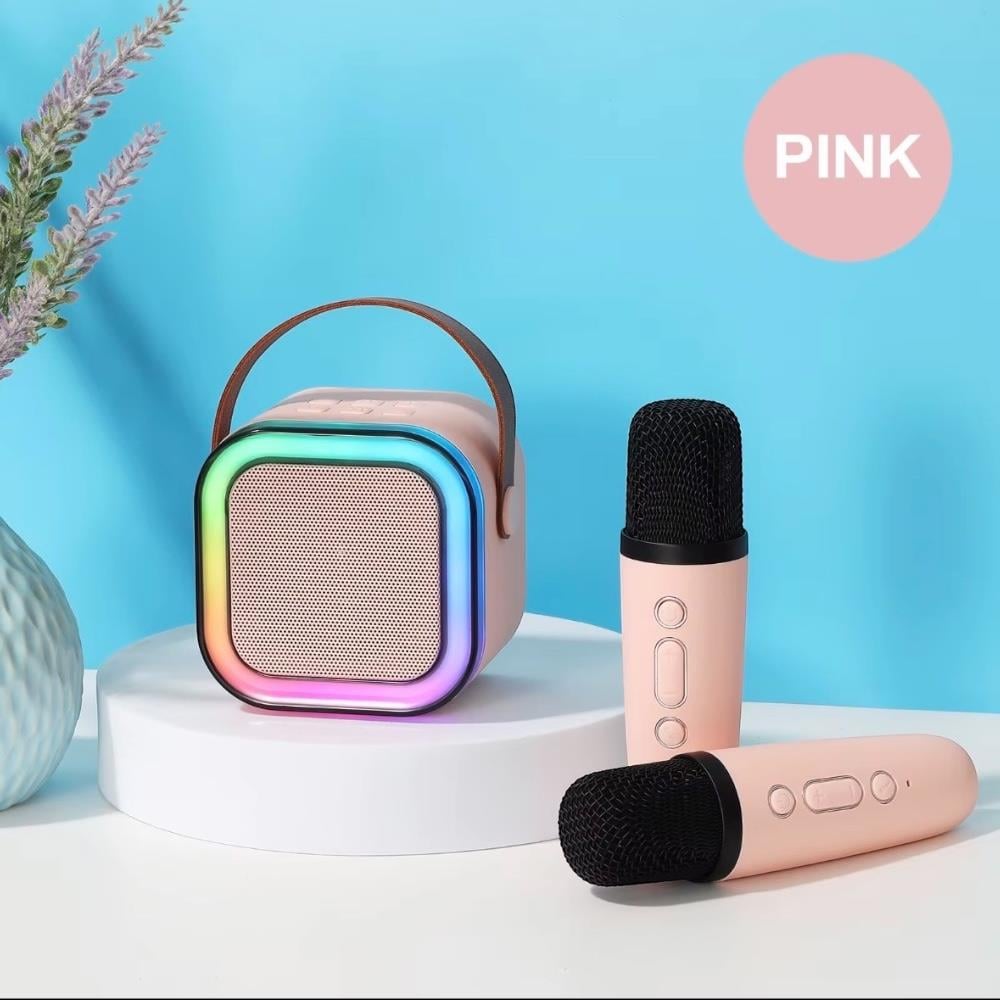 Taşınabilir Çift Karaoke Mikrofonlu Hoparlör Kablosuz Bluetooth 5 Ses Efektli Pembe Renk 