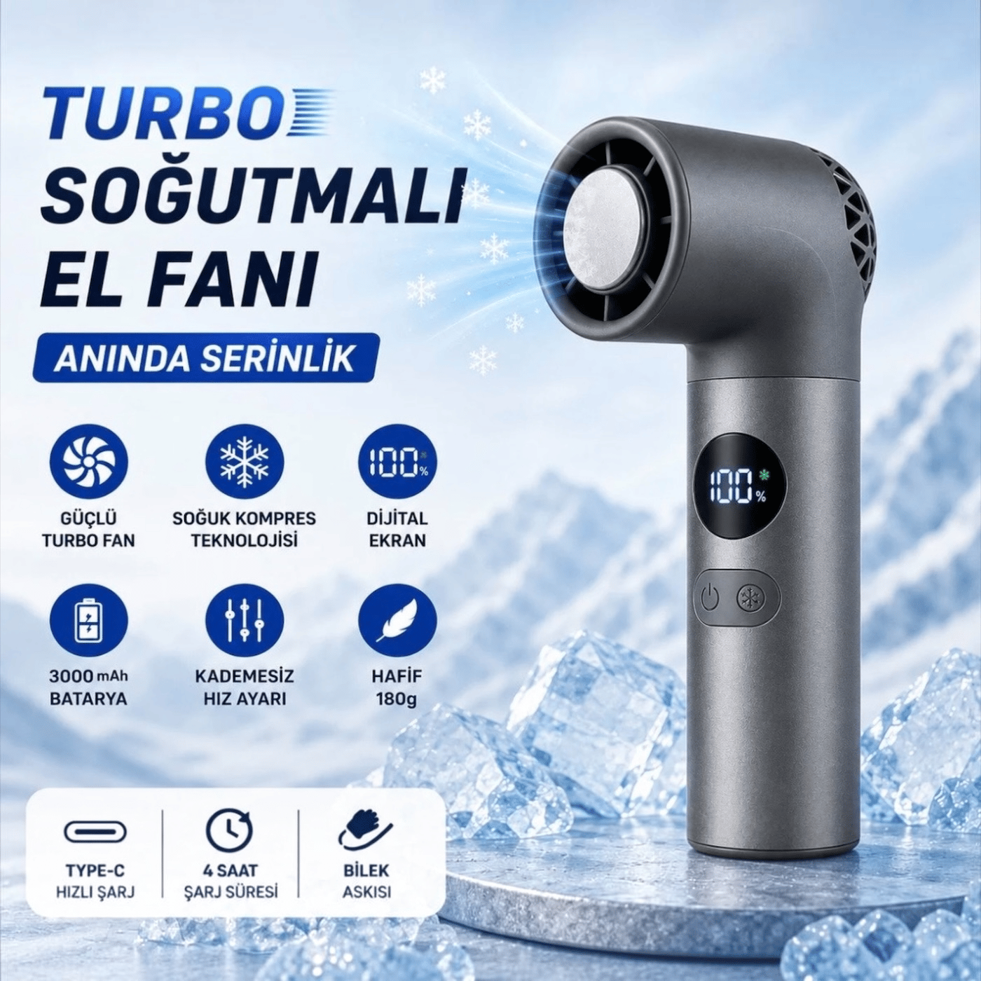 Turbo Buzlu Fan  Dijital Ekranlı Şarjlı Mini El Vantilatörü – 100 Kademeli Ayar, 3000MAH Batarya, Type-C Şarj