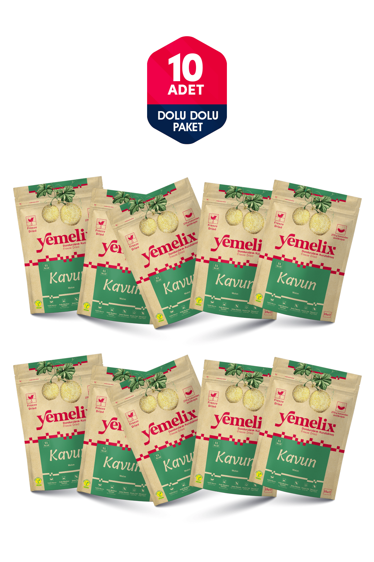 Freeze Dried 10'lu Dolu Dolu Paket Kavun Kuru Meyve Cipsi - Dondurularak  Kurutulmuş Kavun 15Gx10